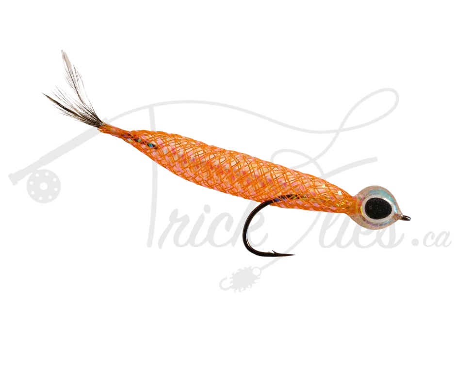 Orange Mylar Minnow fishing fly with realistic eye and mesh body on white background