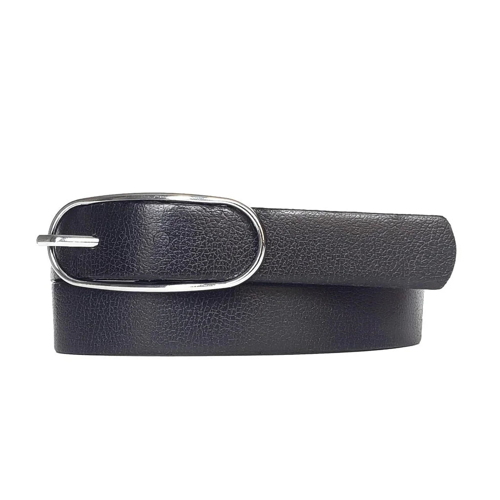 Black leather belt with silver oval buckle on white background