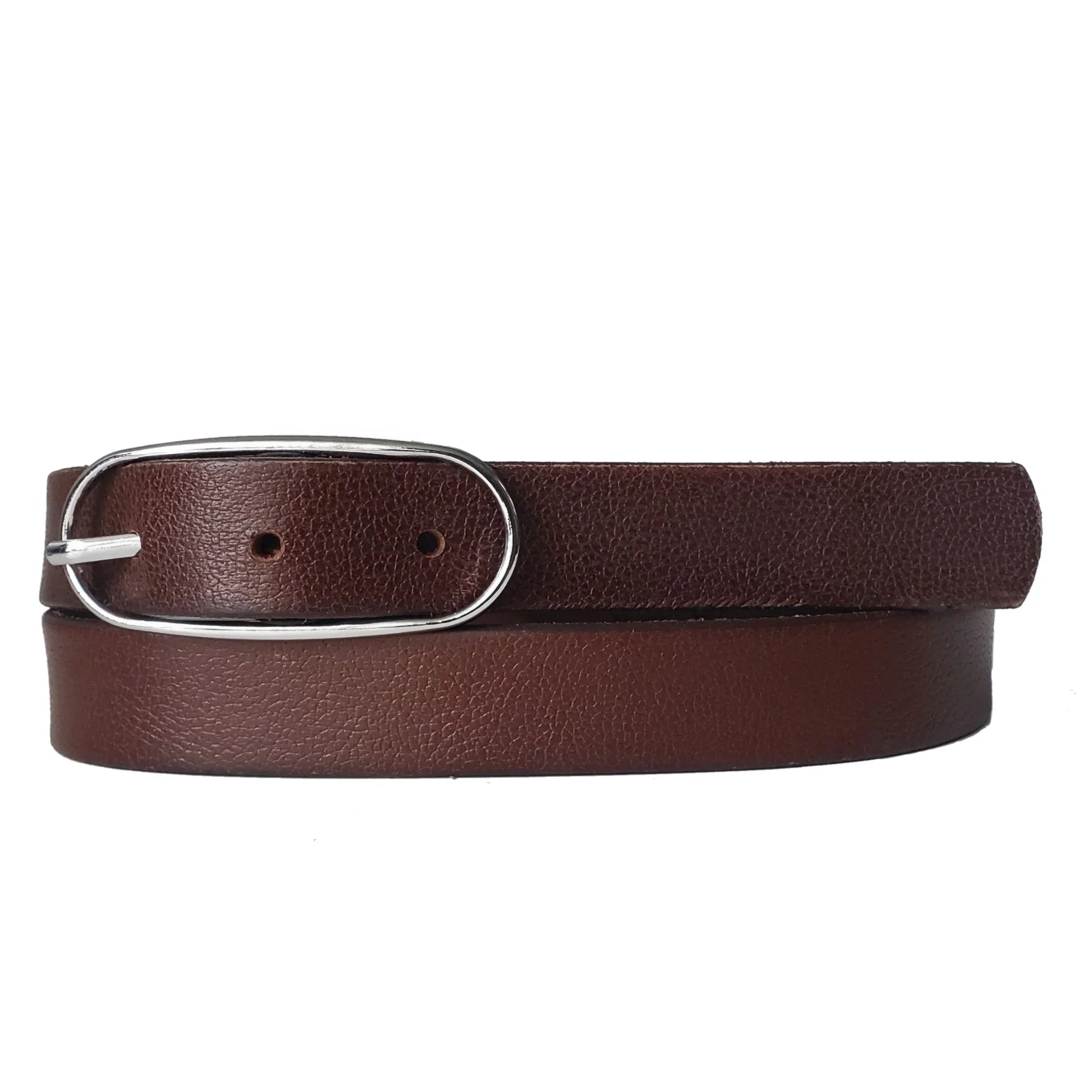 Brown leather belt with silver buckle on white background