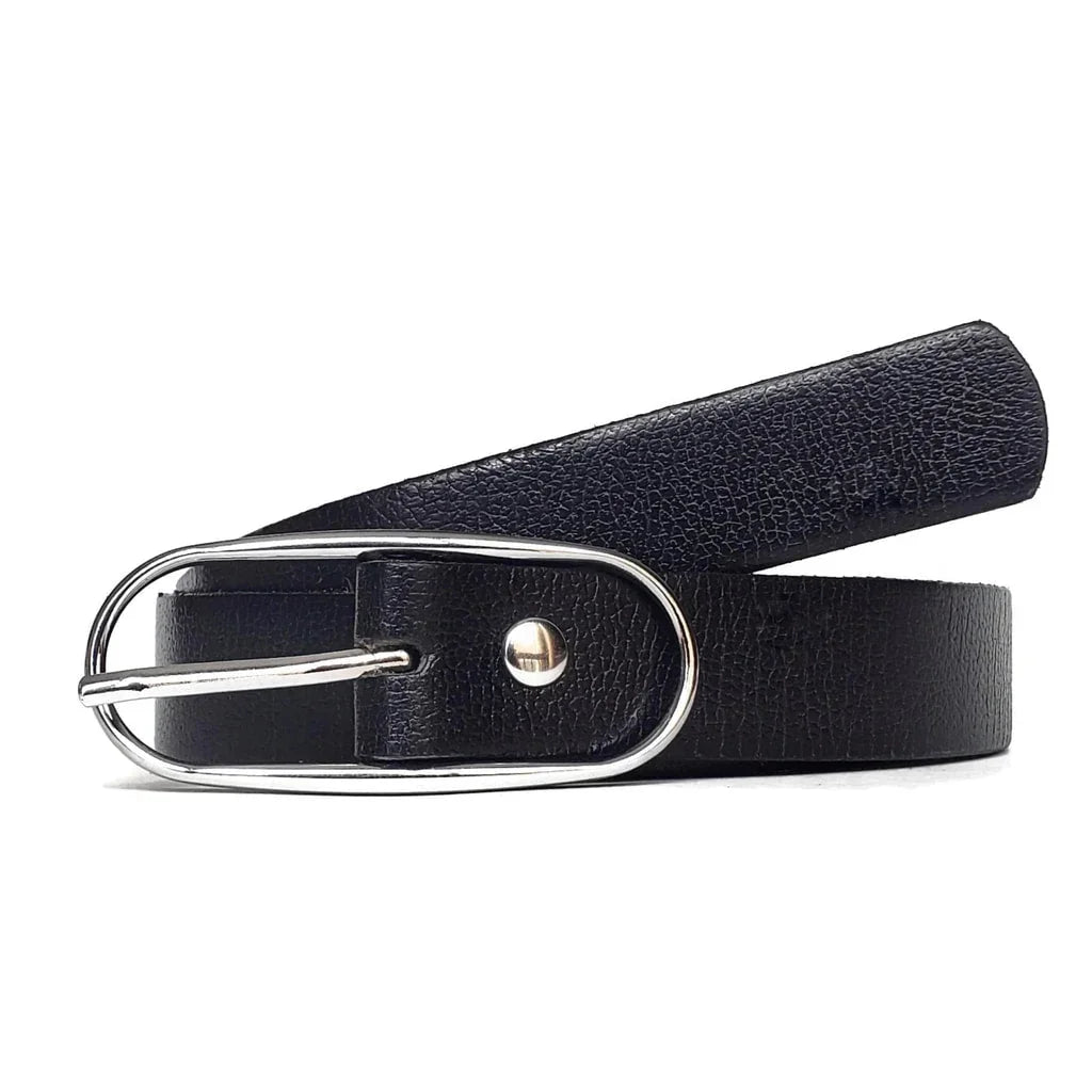 Black leather belt with oval silver buckle on white background