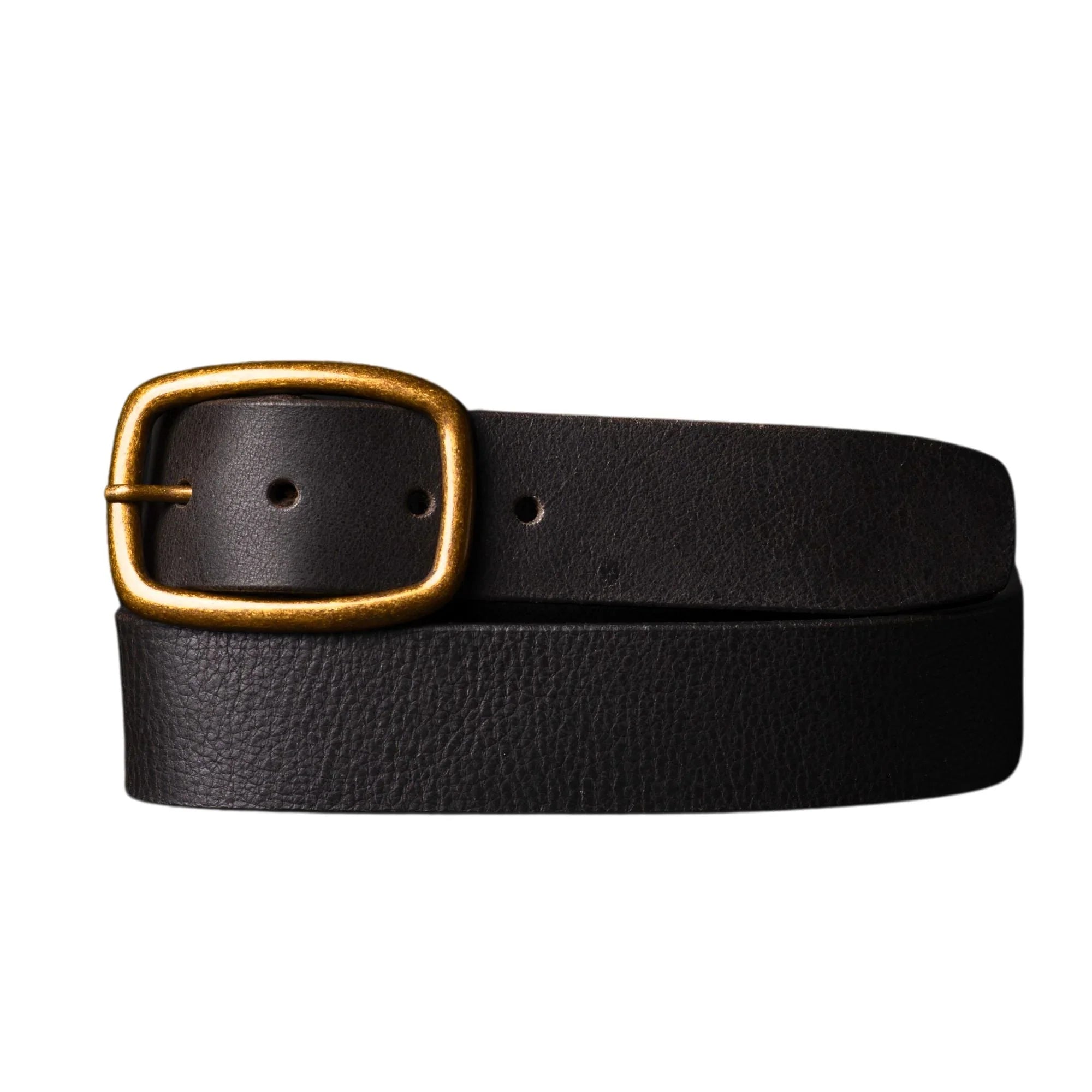 Black leather belt with gold rectangular buckle on white background