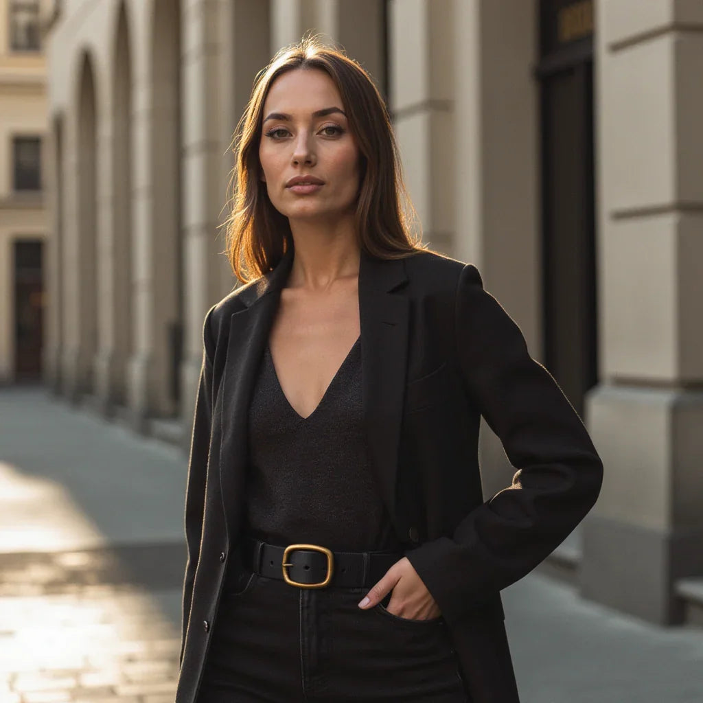 Woman in stylish black blazer and top standing on city street with modern architecture