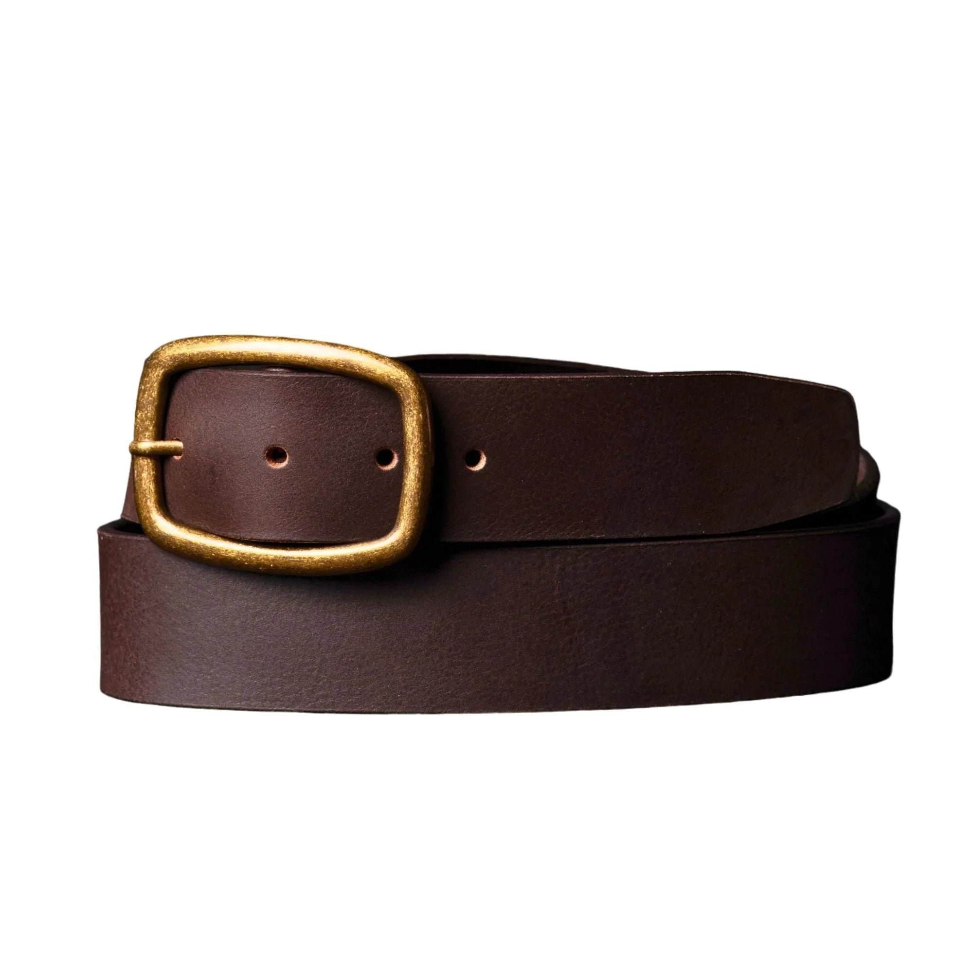 Brown leather belt with antique gold buckle on white background