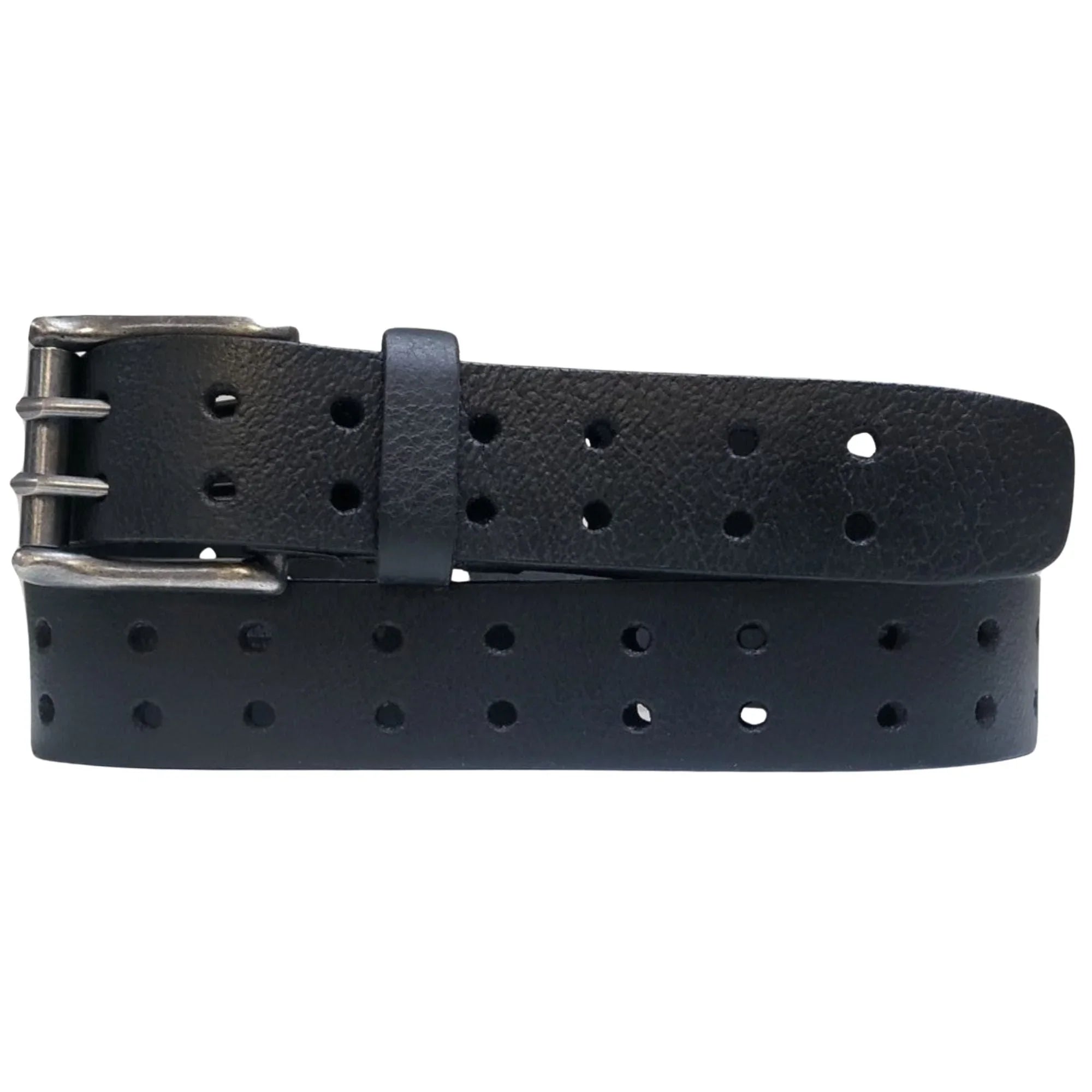 Black double prong leather belt with multiple holes on white background