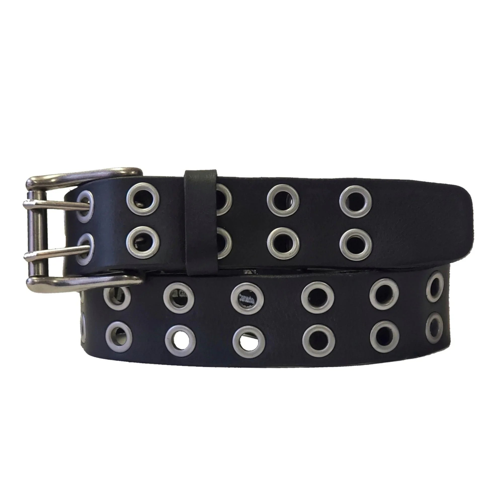 Black double grommet belt with silver metal eyelets and buckle, fashion accessory