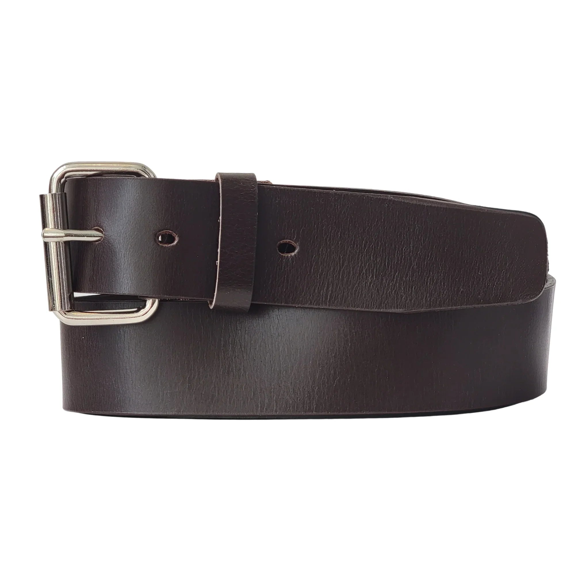 Dark brown leather belt with silver buckle on white background