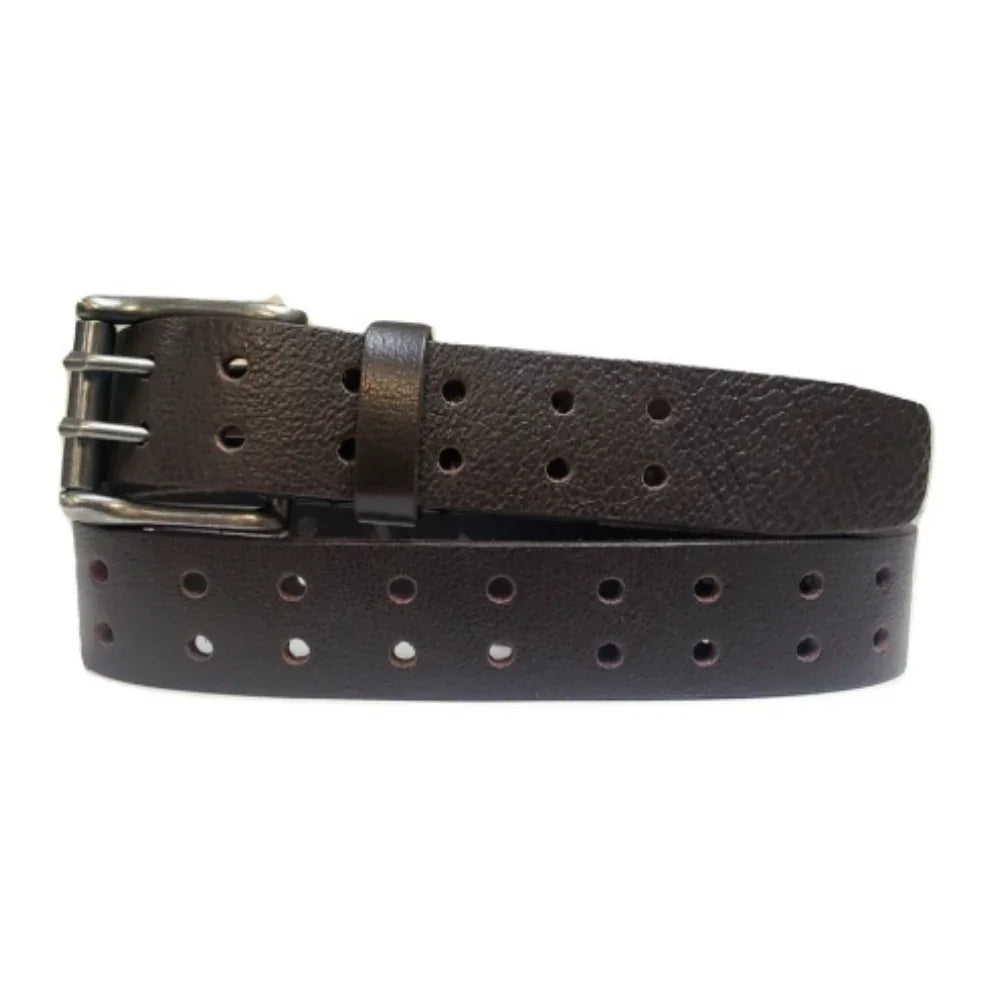 Brown perforated leather belt with silver buckle on white background