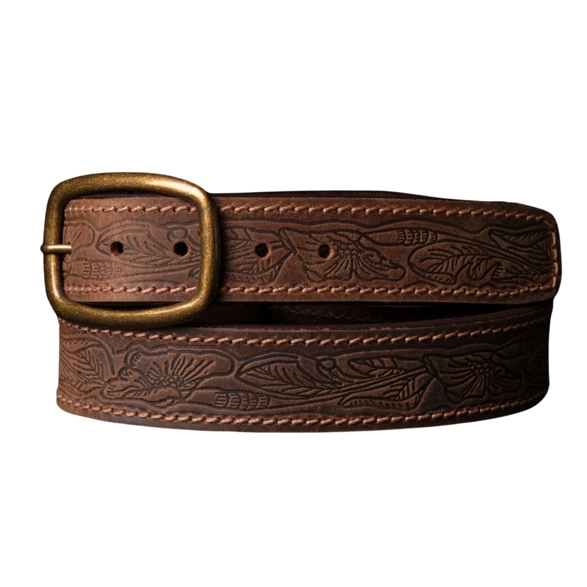 Brown leather belt with floral embossed pattern and antique brass buckle