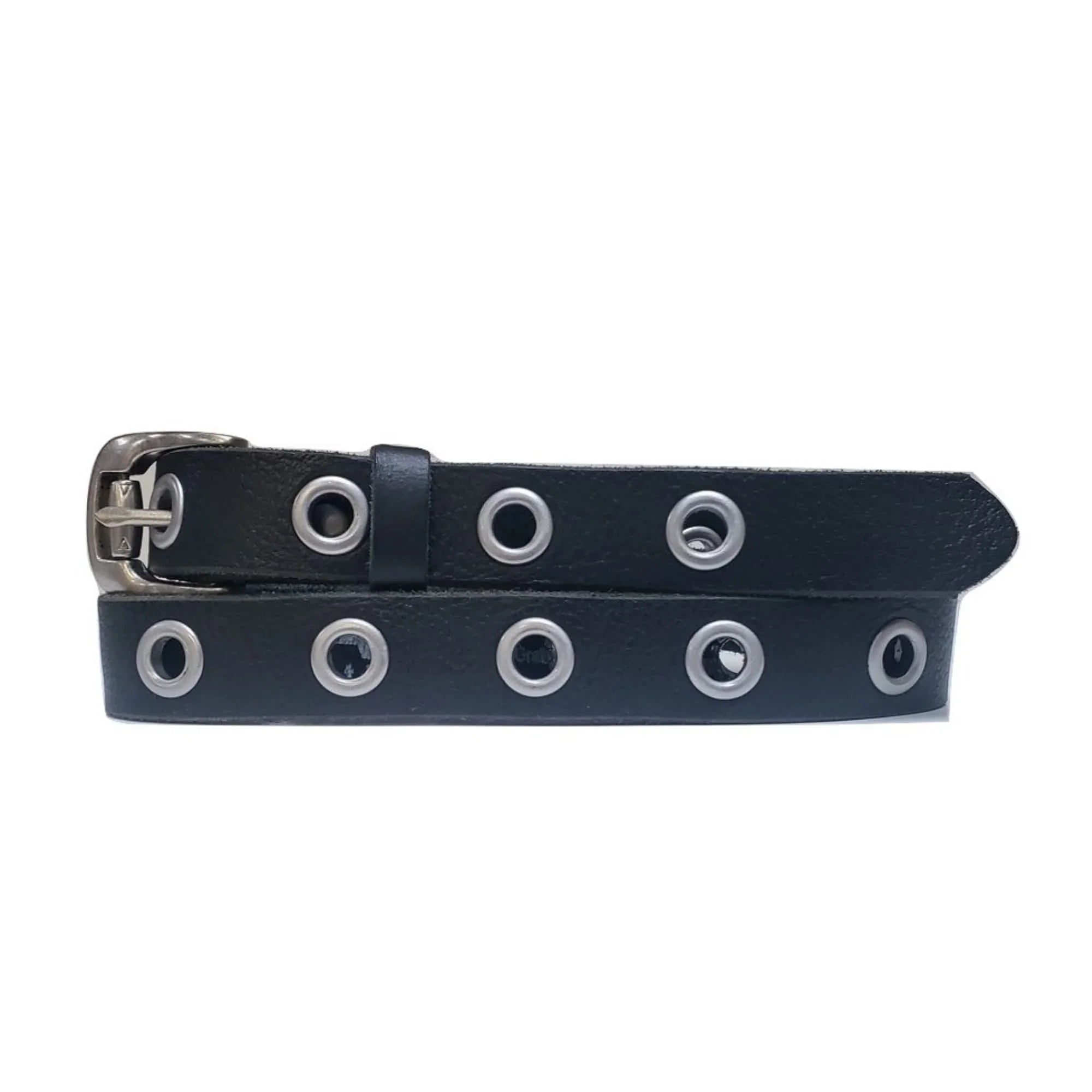 Black double grommet belt with silver metal buckle and eyelets on white background