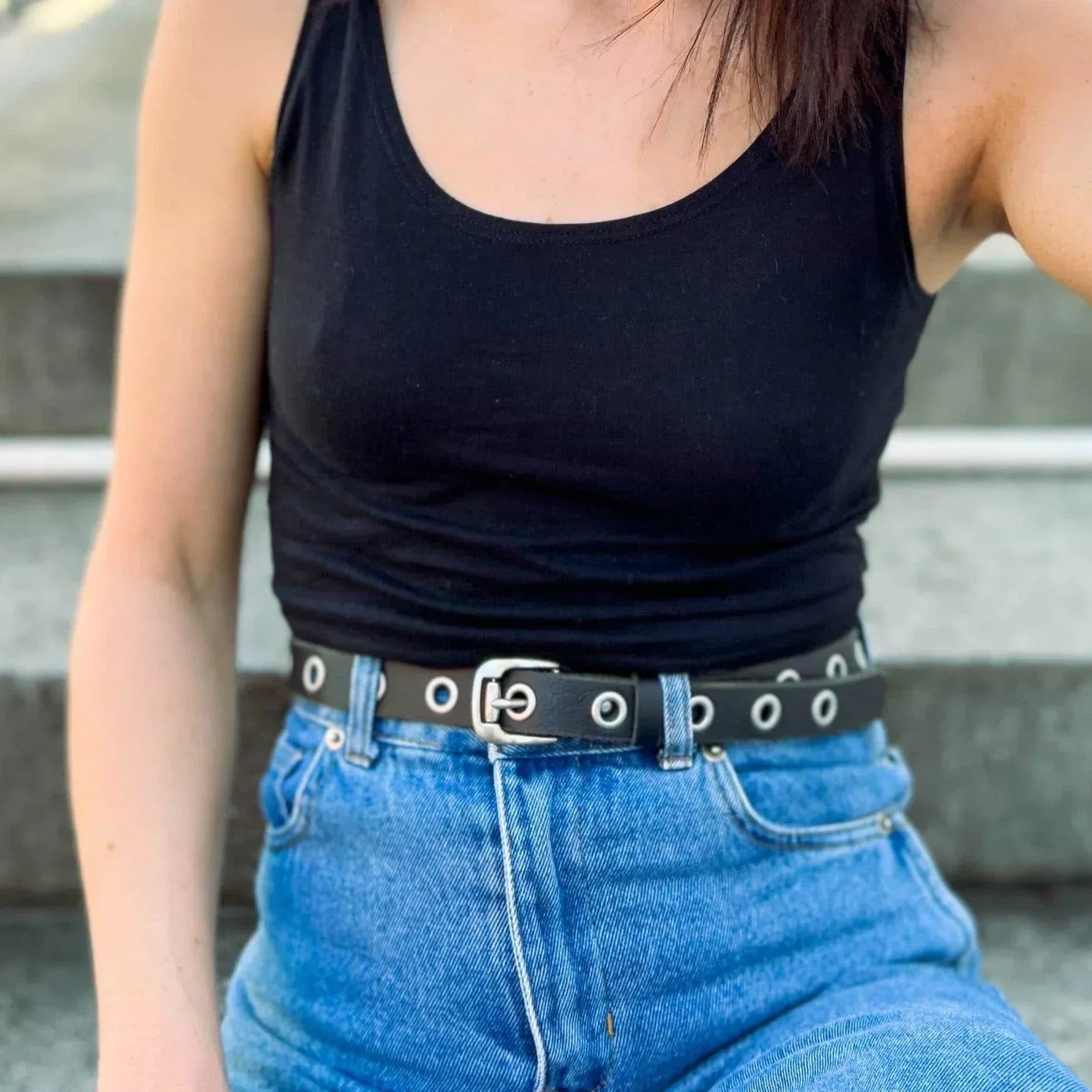 Nab Leather Exene - Slim Black Leather Belt with Single Grommets - Made in Canada