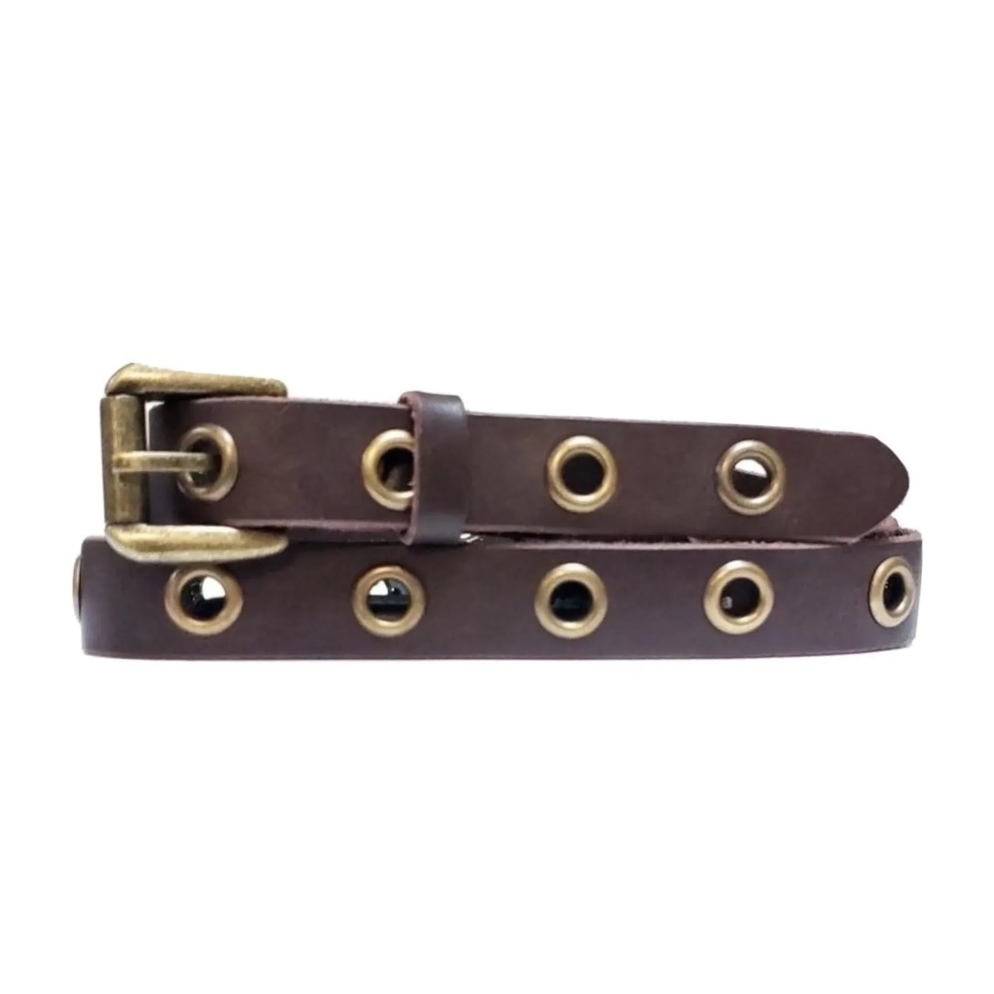 Brown leather belt with brass grommets and antique brass buckle on white background