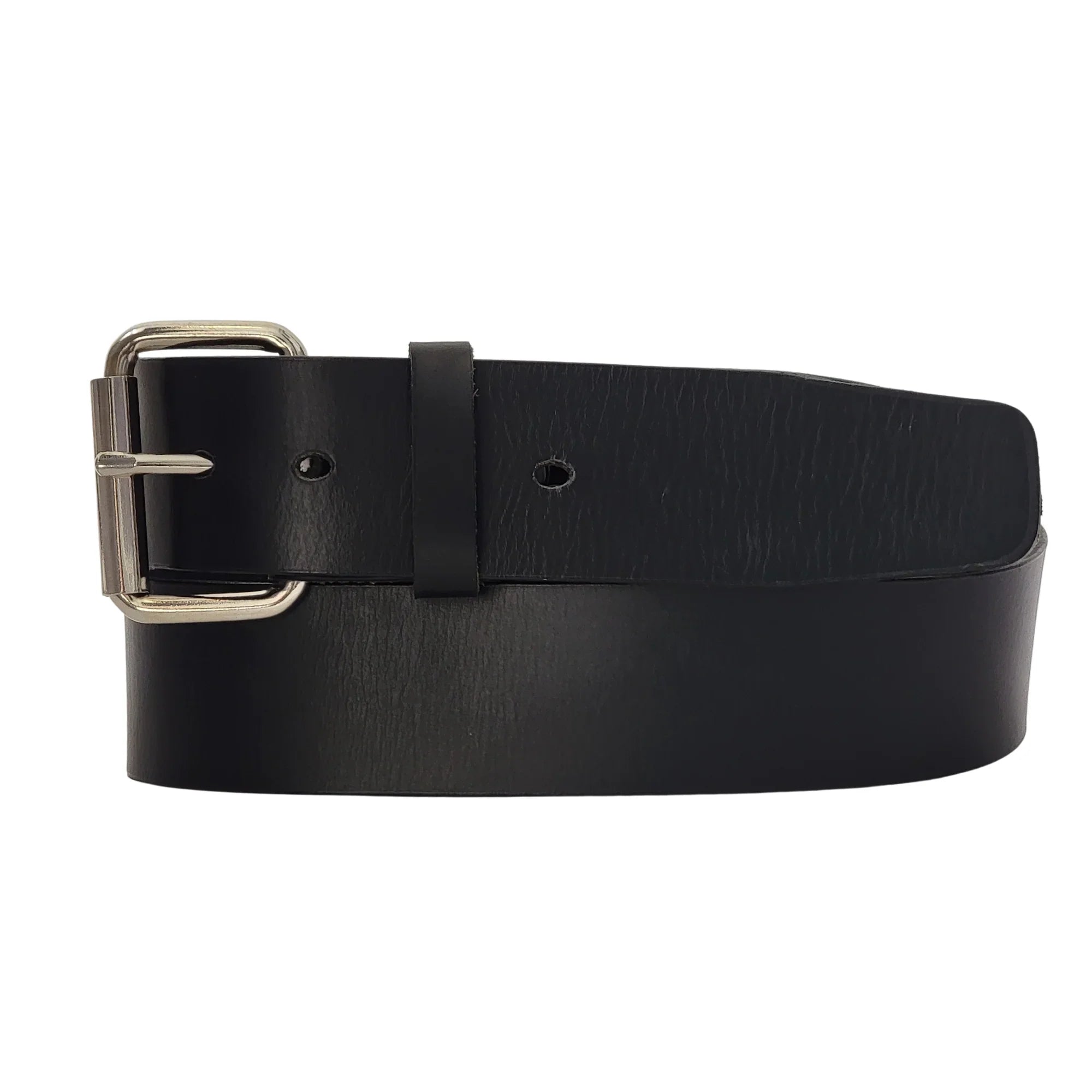 Black leather belt with silver metal buckle on white background