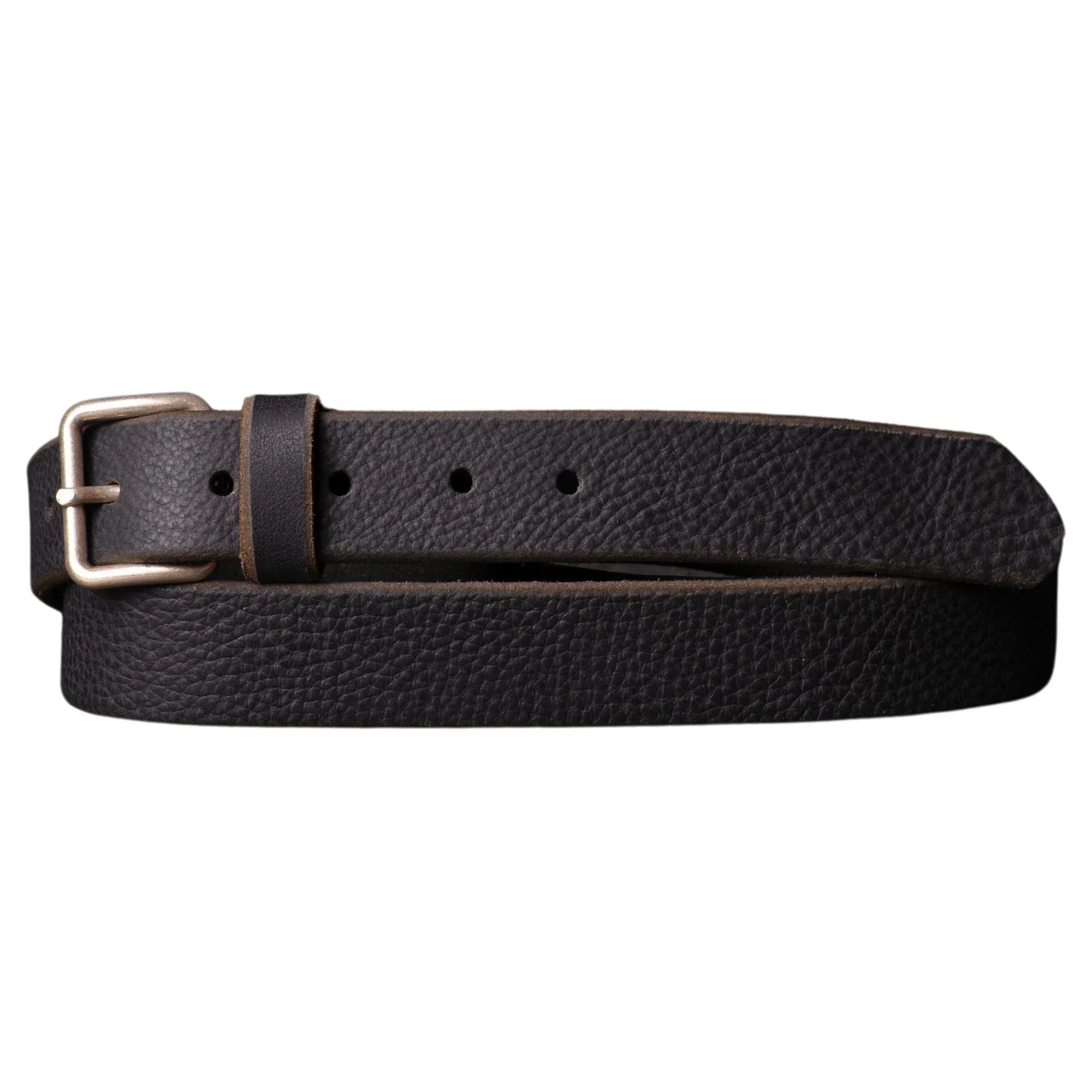 Dark brown leather belt with silver buckle on white background