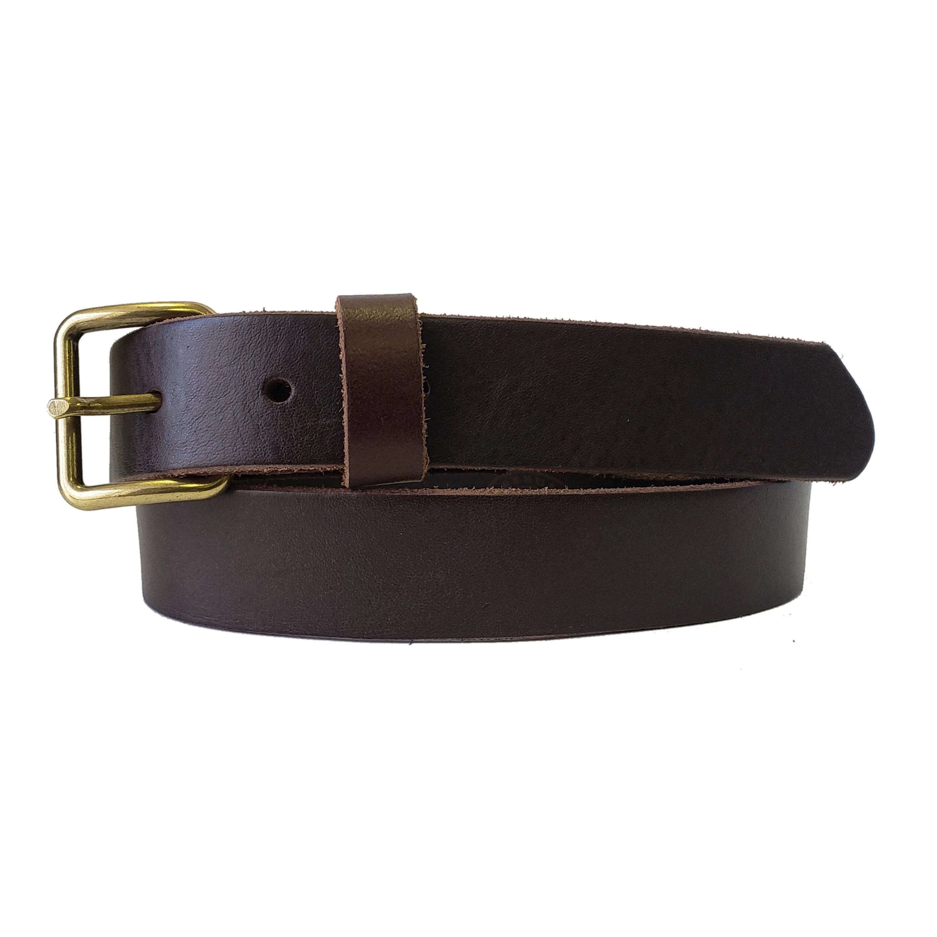 Brown leather belt with brass buckle on white background
