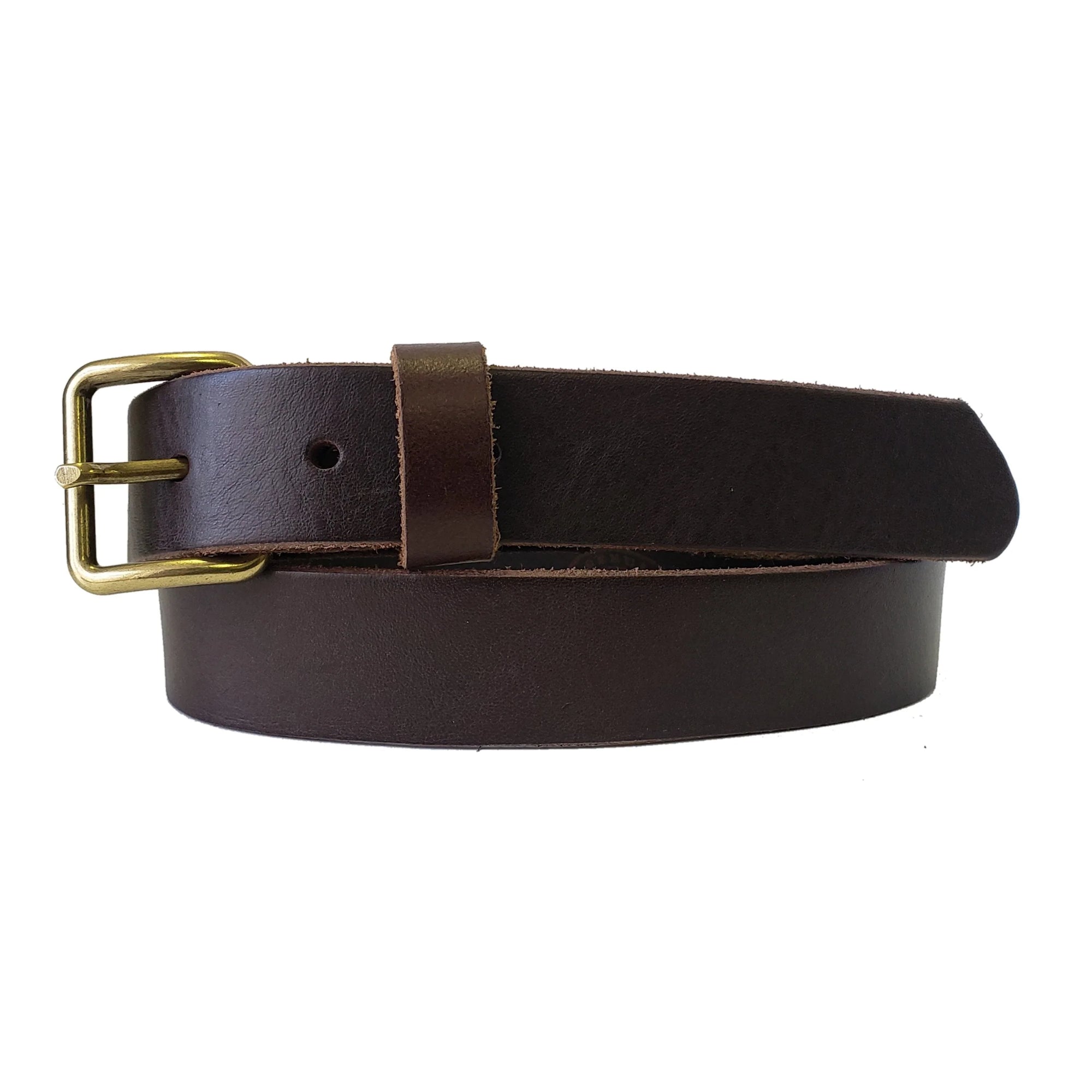 Brown leather belt with brass buckle on white background