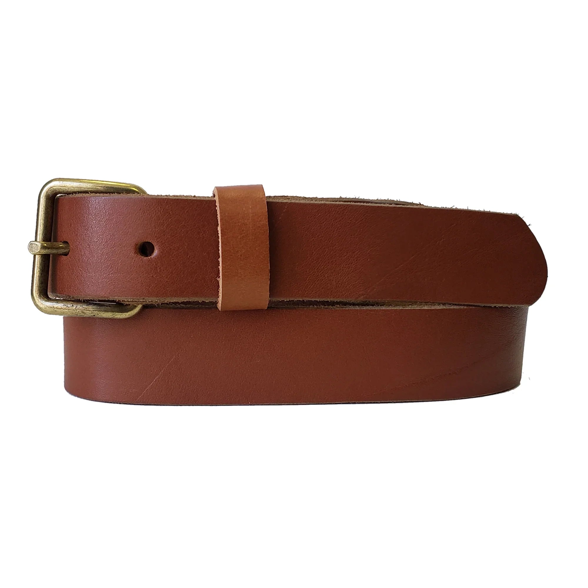 Brown leather belt with brass buckle on white background