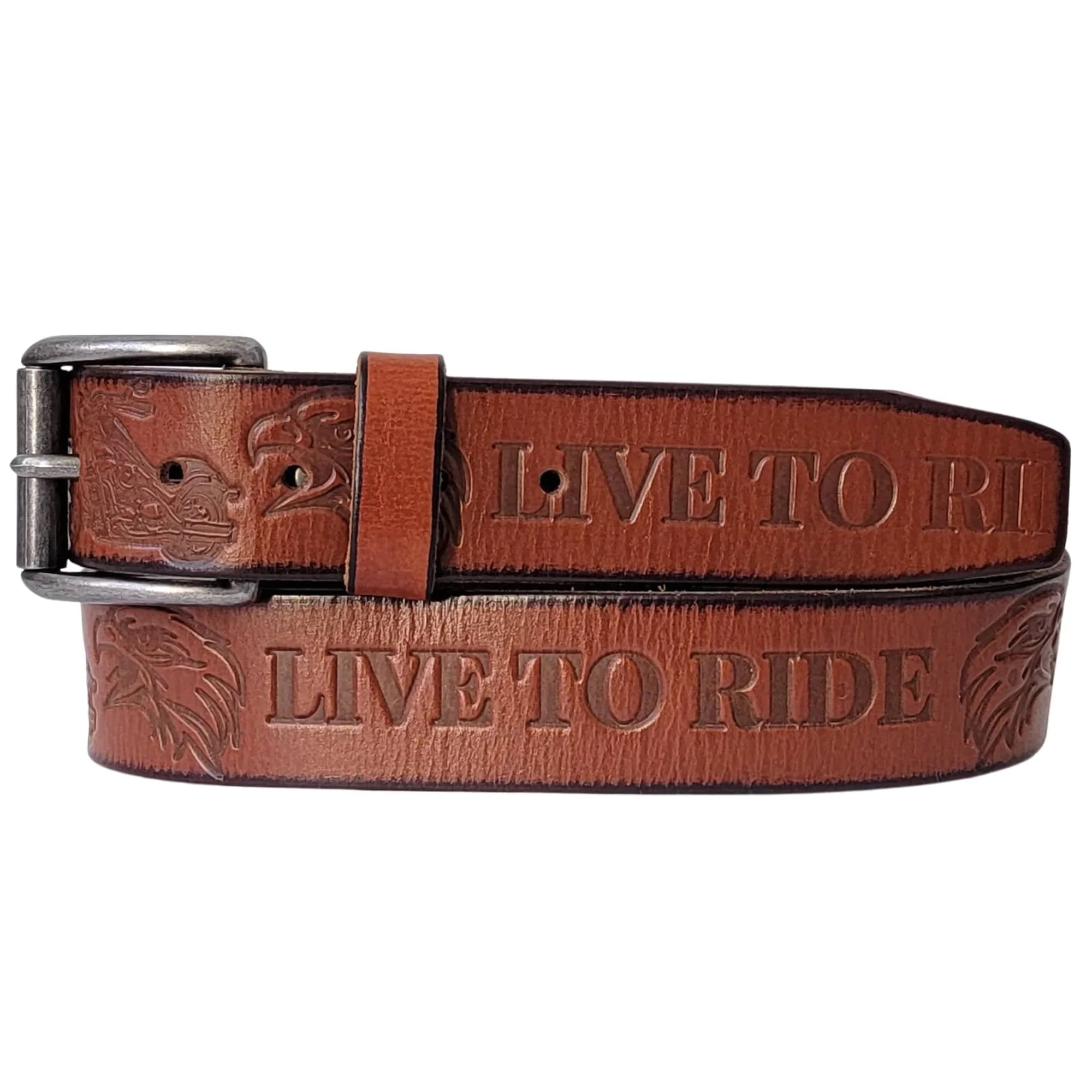 Brown leather belt with 'LIVE TO RIDE' and embossed eagle design, silver buckle