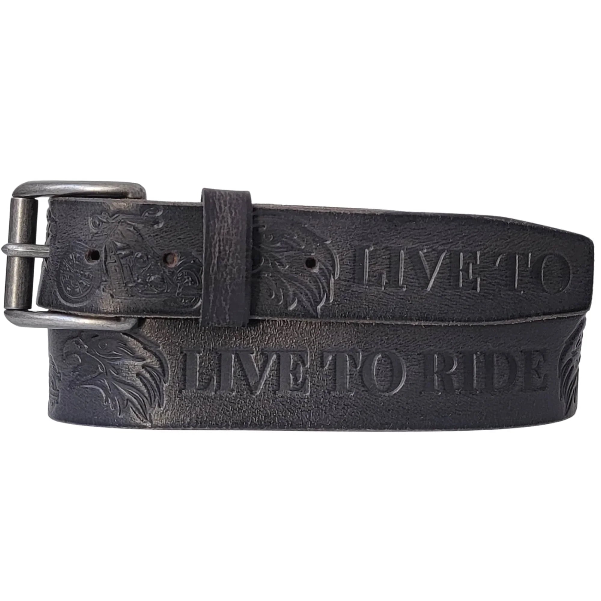 Black leather belt with 'LIVE TO RIDE' embossed, eagle head and motorcycle design.