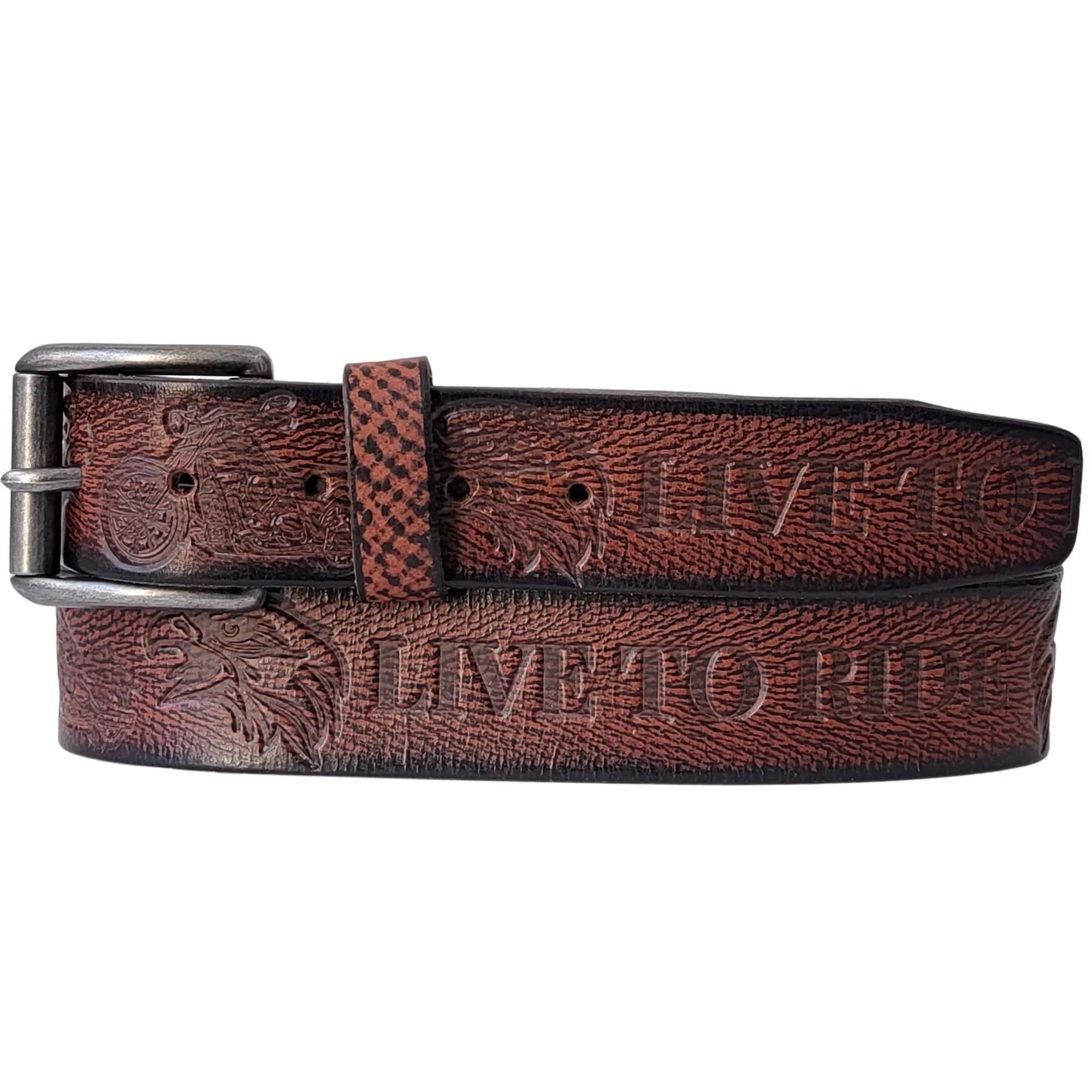 Brown leather belt with 'LIVE TO RIDE' text, eagle and motorcycle engravings, metal buckle