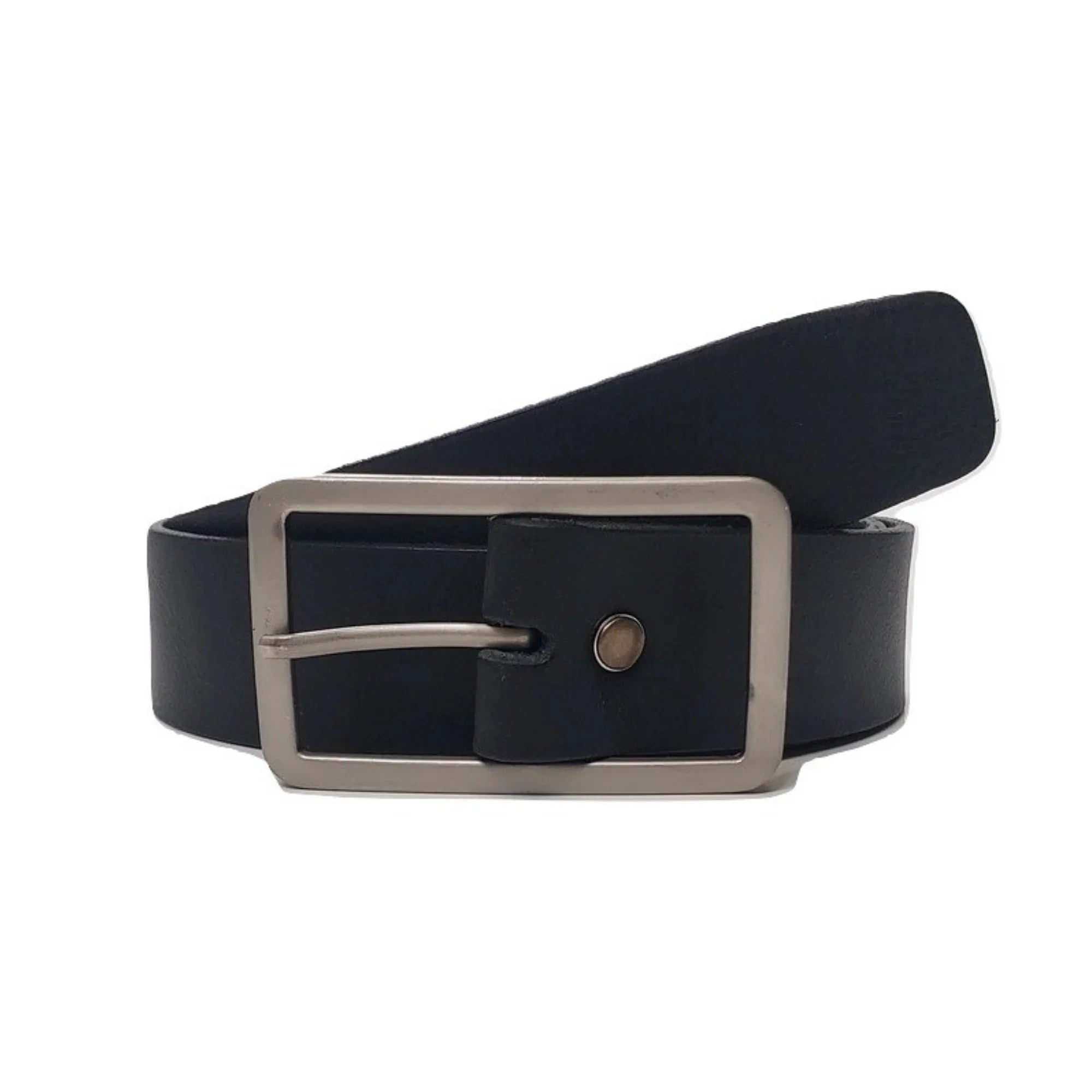 Black leather belt with silver metal buckle on white background