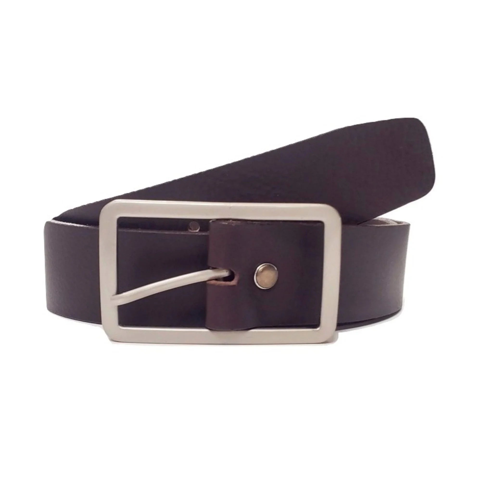 Brown leather belt with silver rectangular buckle on white background