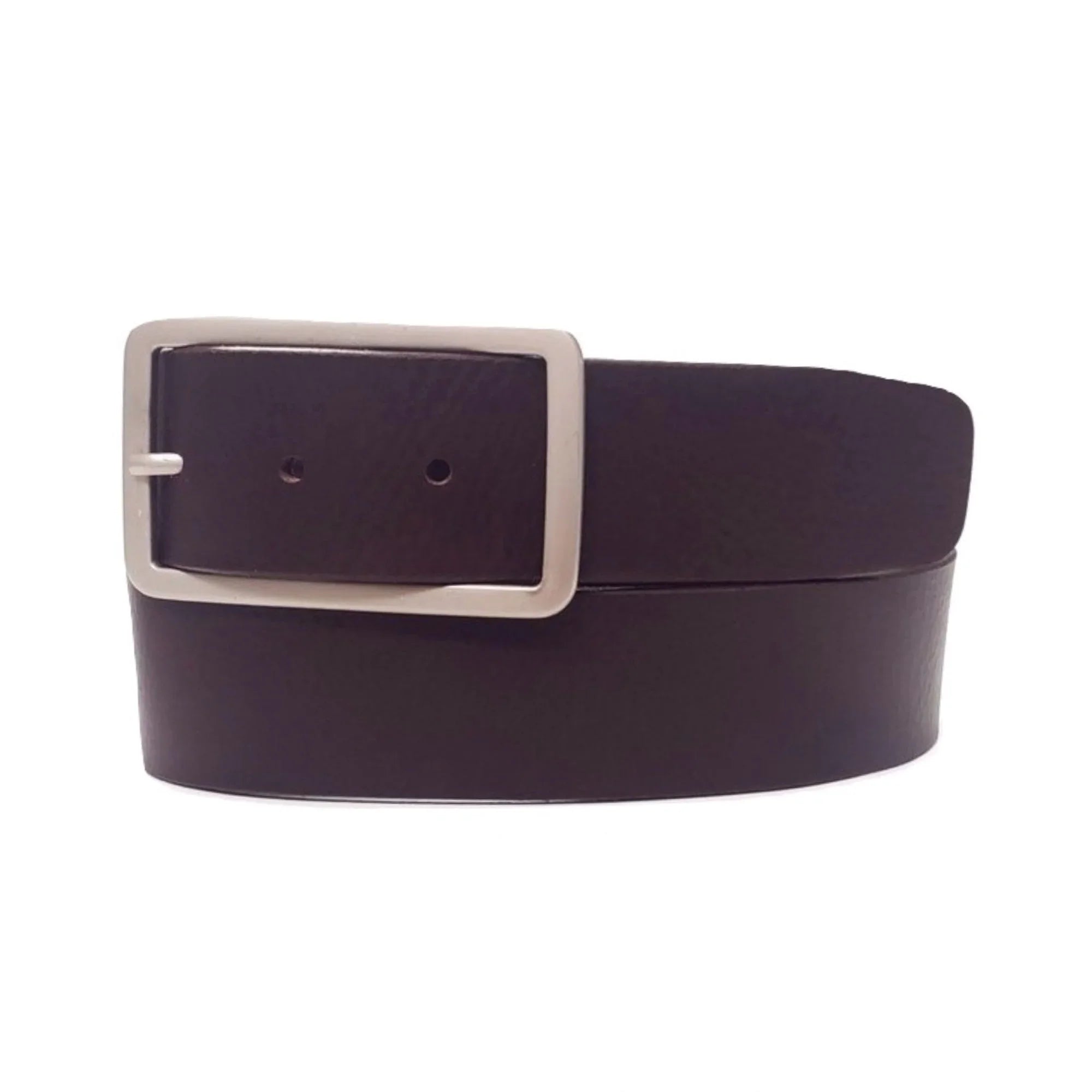 Classic black leather belt with silver buckle on white background