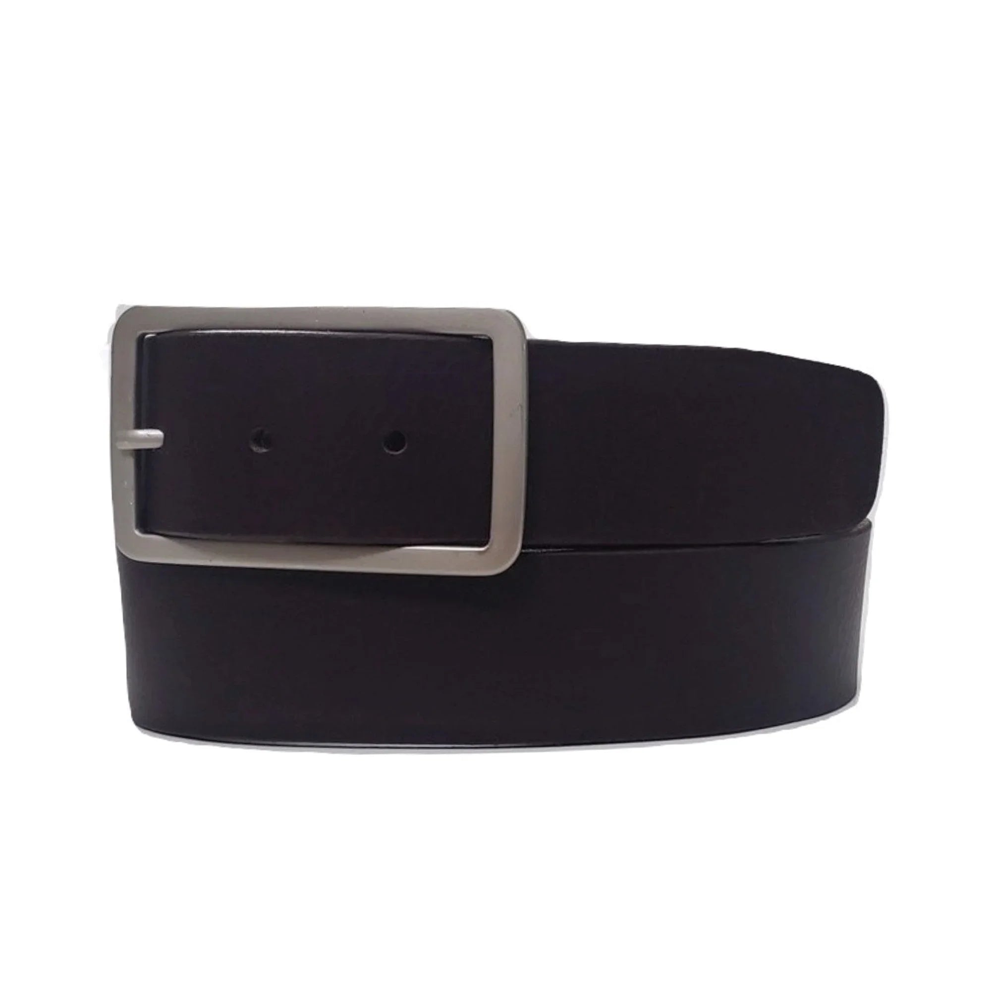 Black leather belt with silver buckle on white background