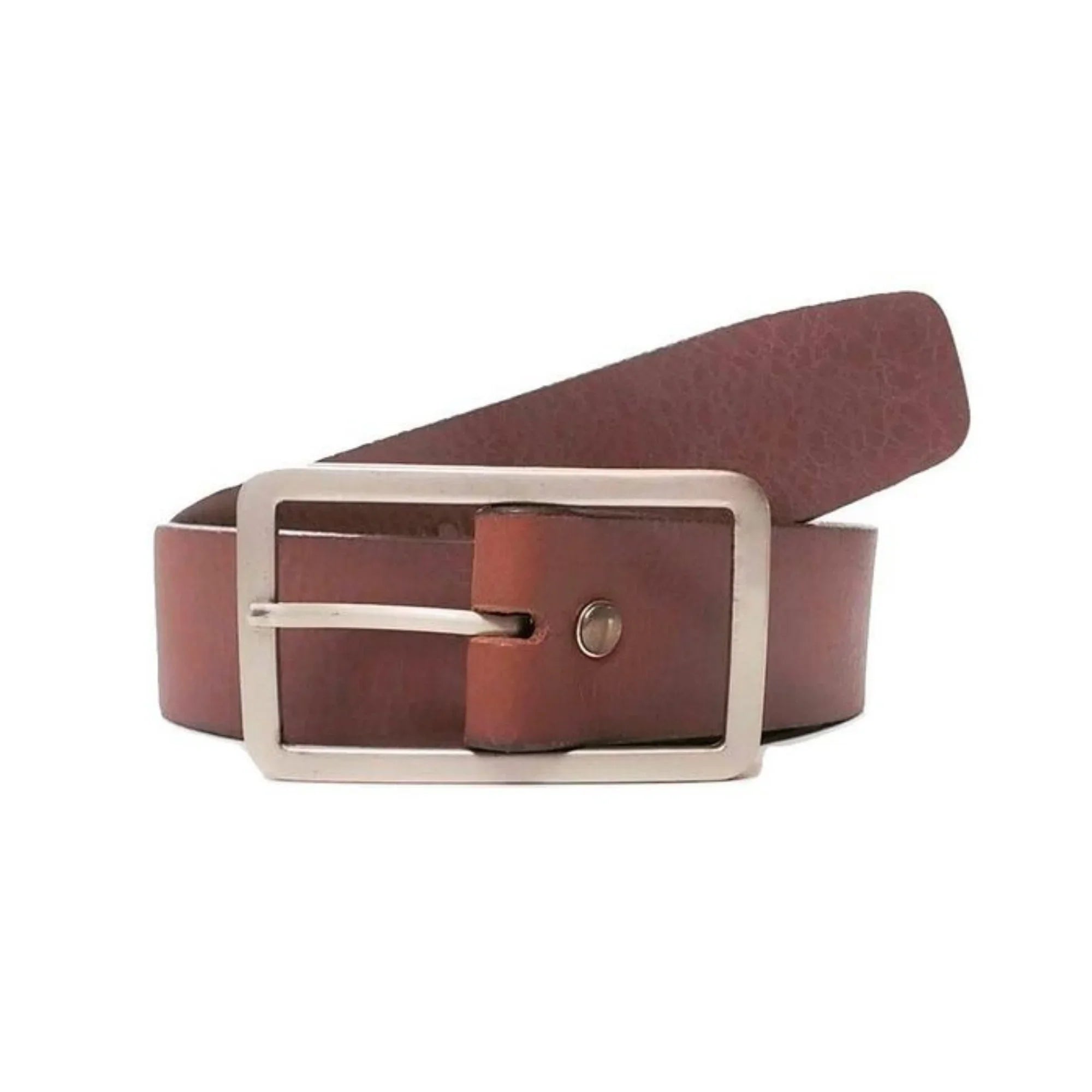 Brown leather belt with silver rectangular buckle on white background