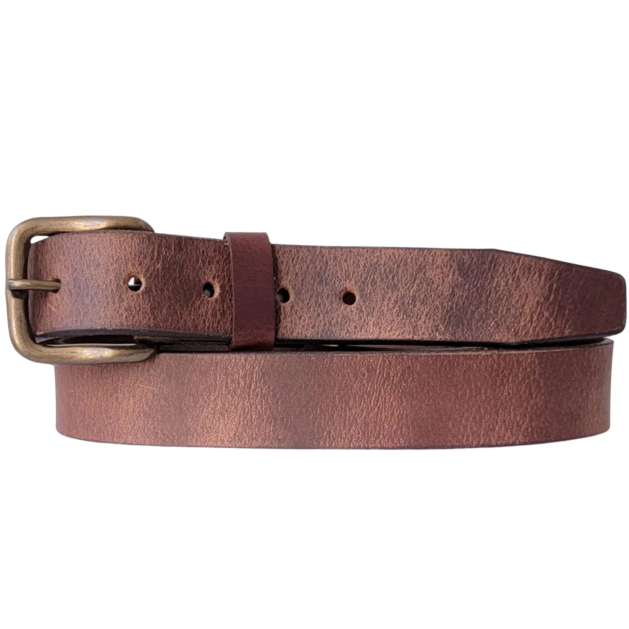 Brown leather belt with antique brass buckle on white background