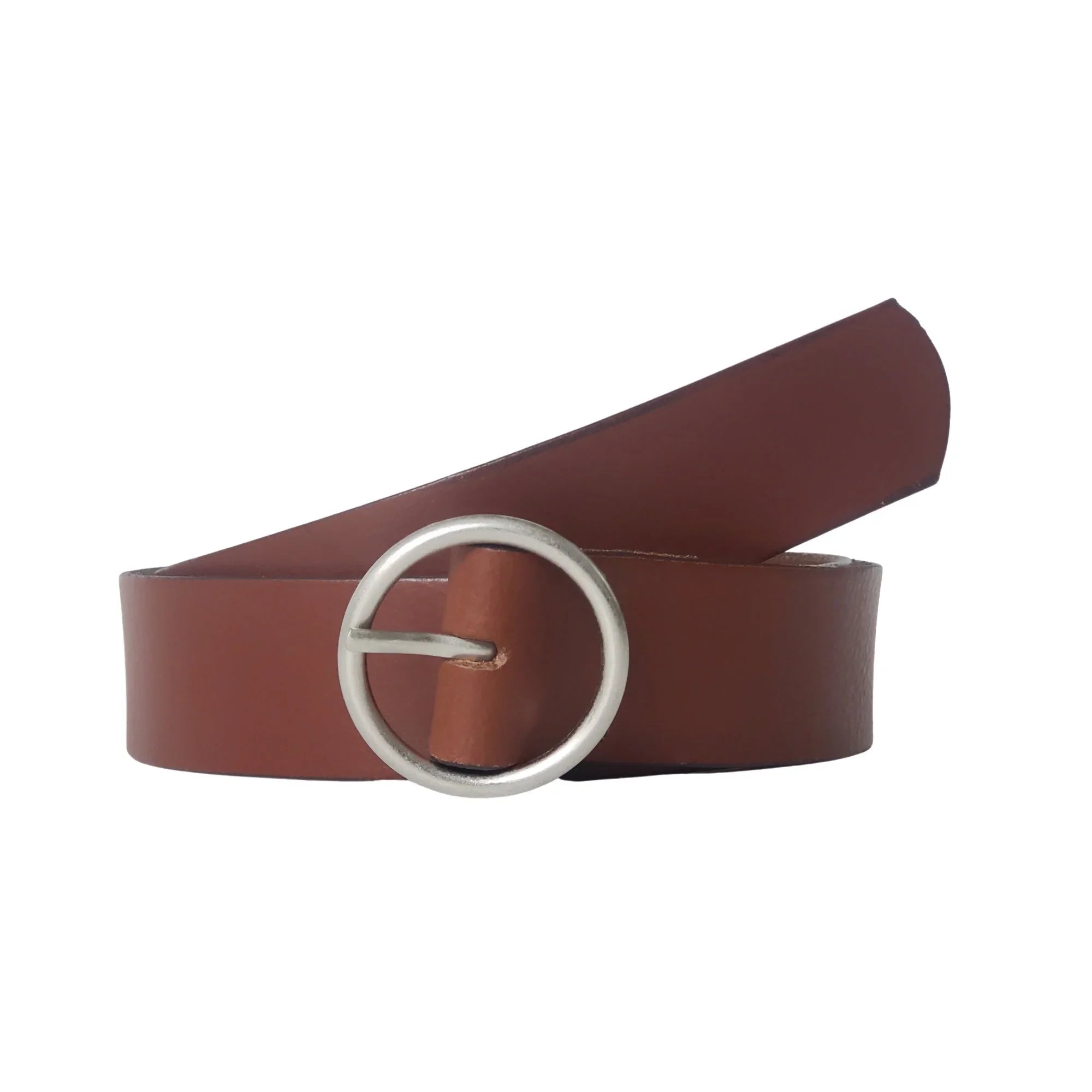 Brown leather belt with round silver buckle on white background