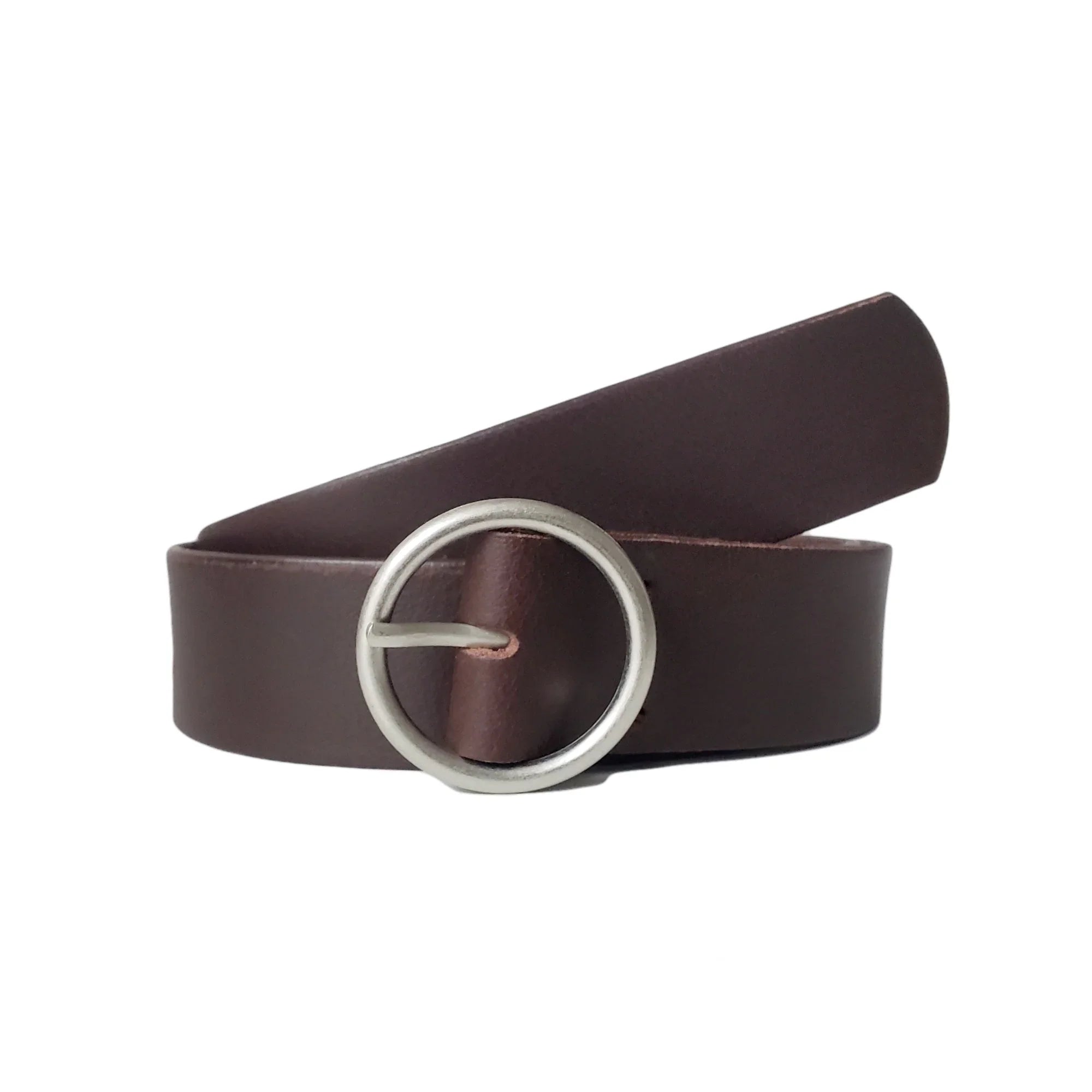 Brown leather belt with round silver buckle on white background