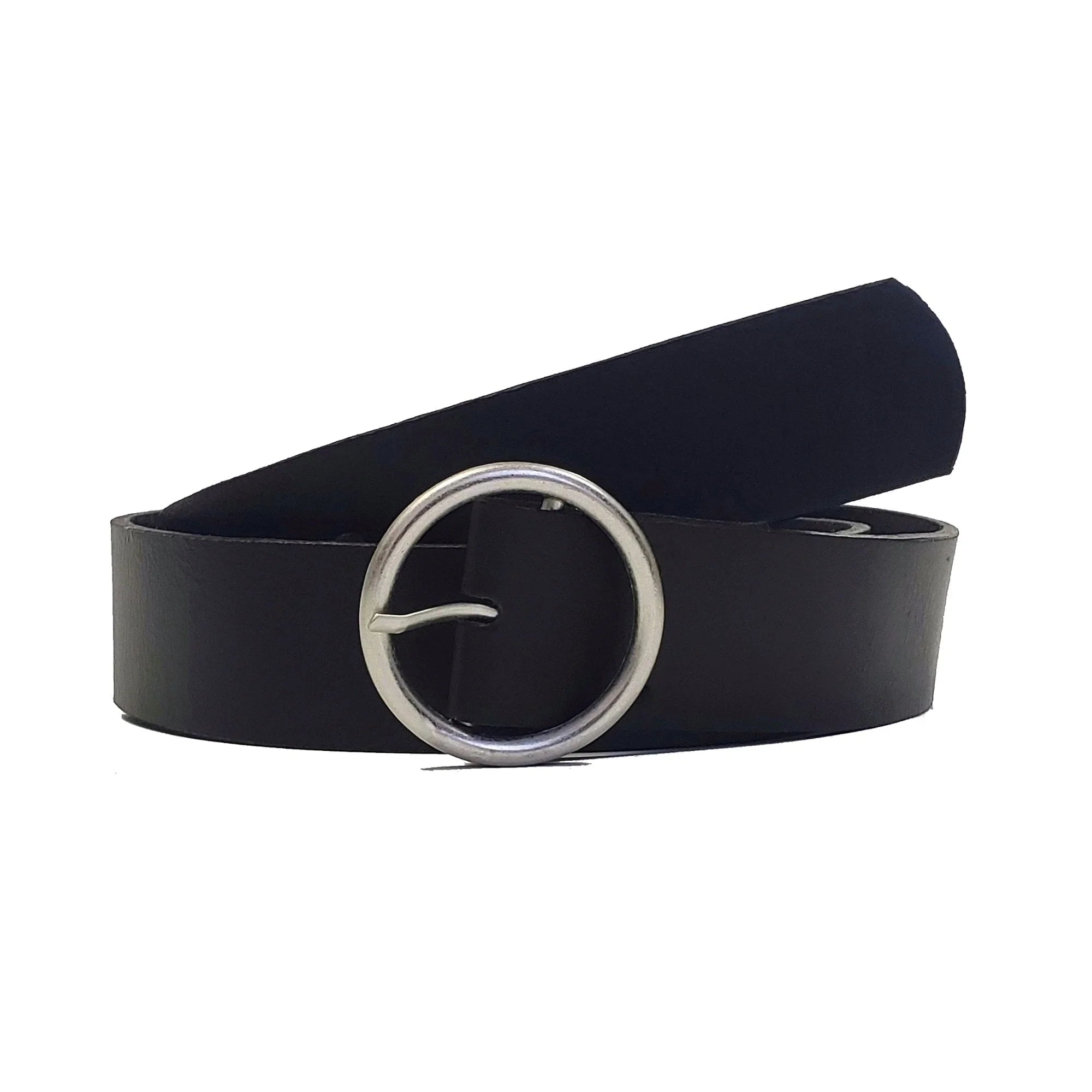 Black leather belt with round silver buckle on a white background