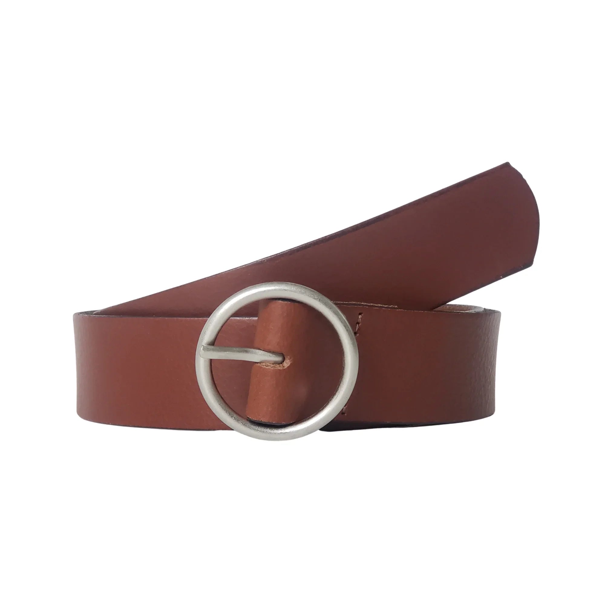 Brown leather belt with round silver buckle on white background
