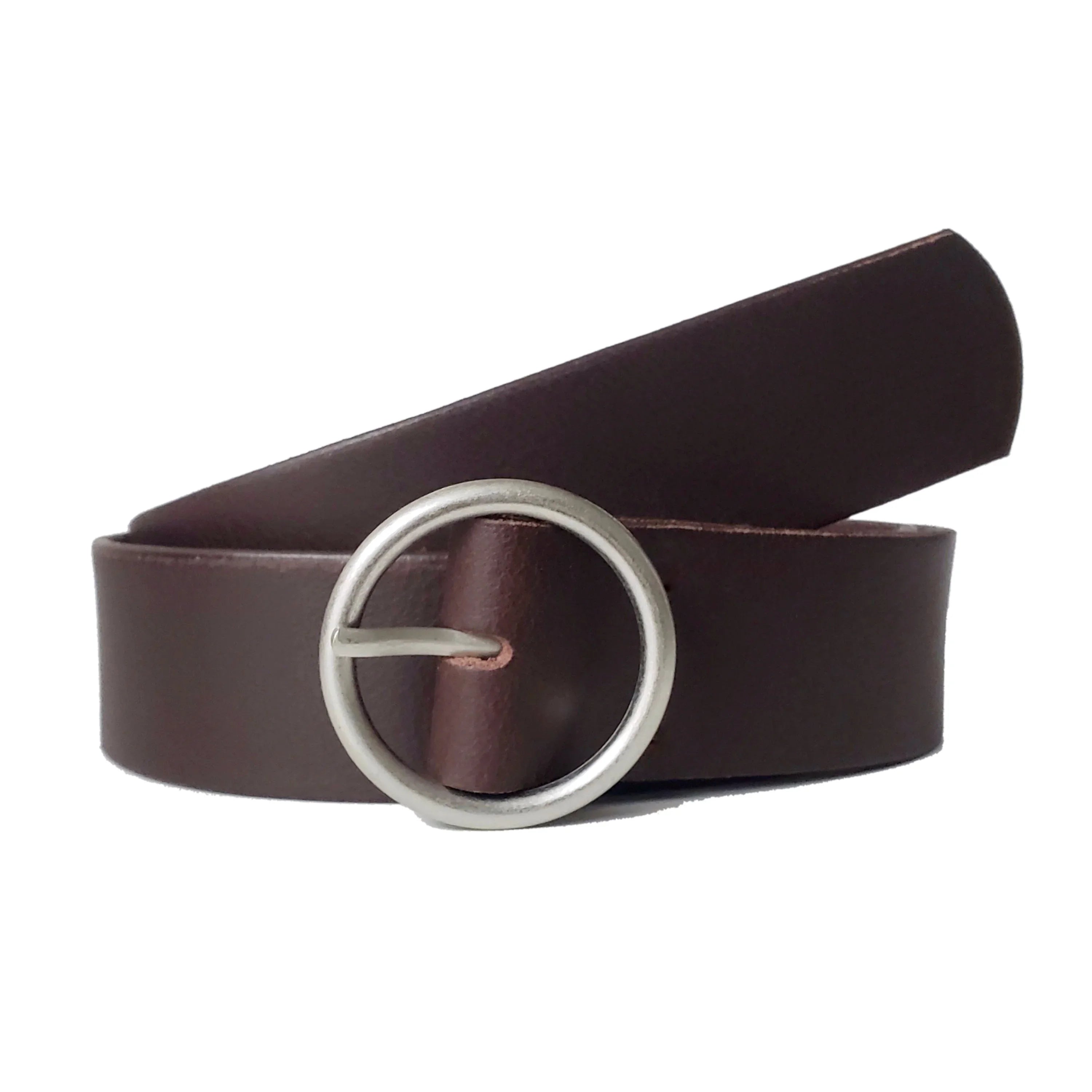 Brown leather belt with round silver buckle on white background