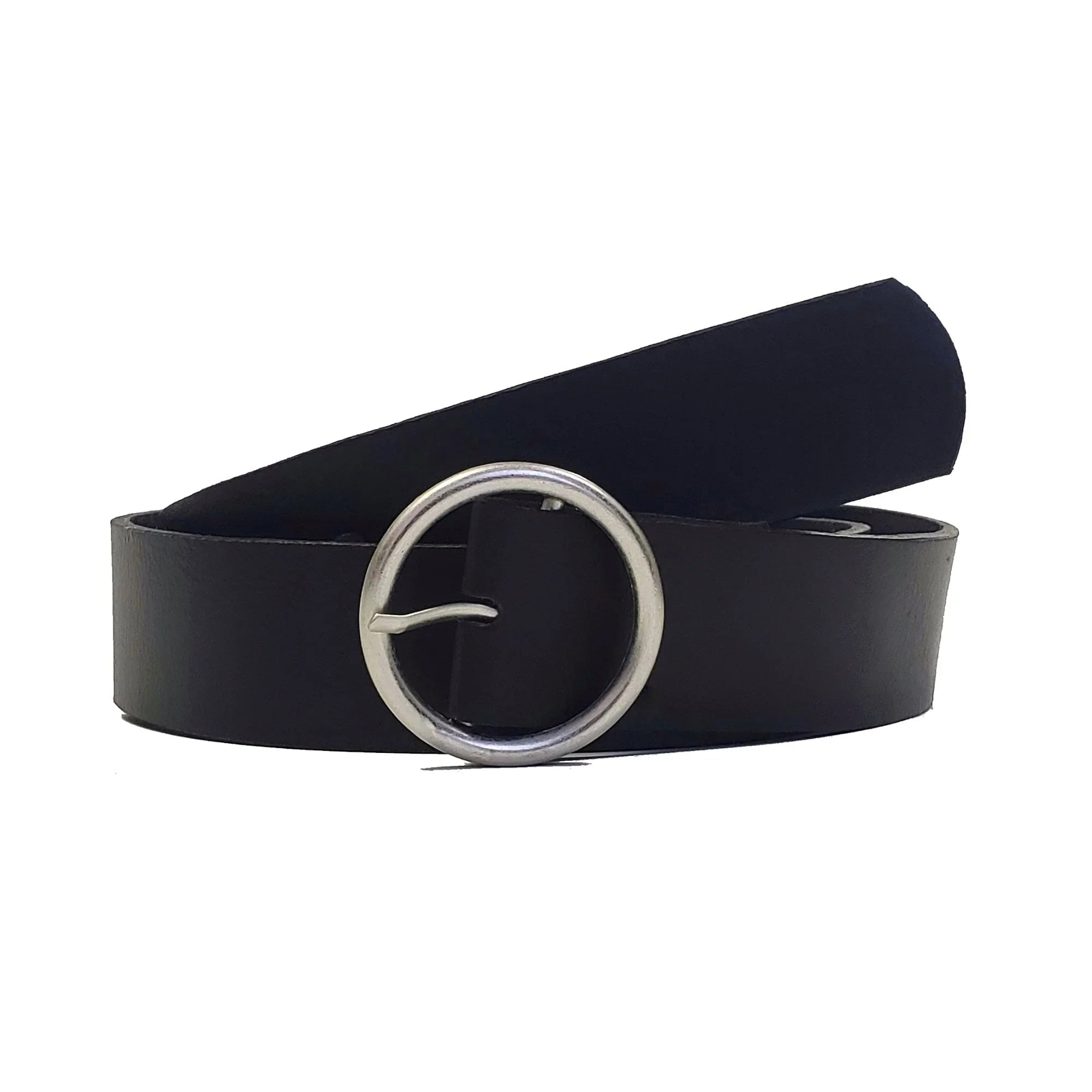 Black leather belt with round silver buckle on white background
