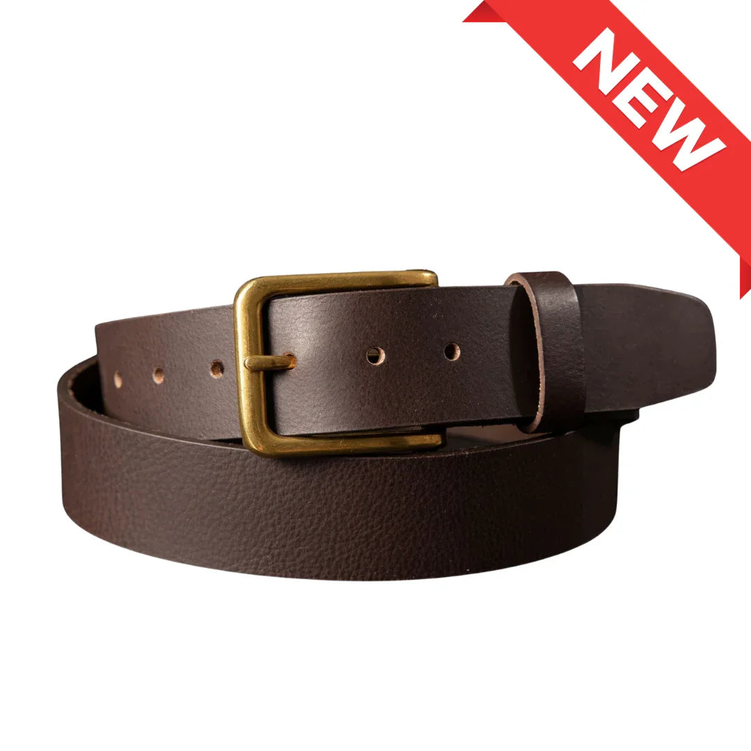 Brown leather belt with brass buckle on white background, new arrival banner in corner