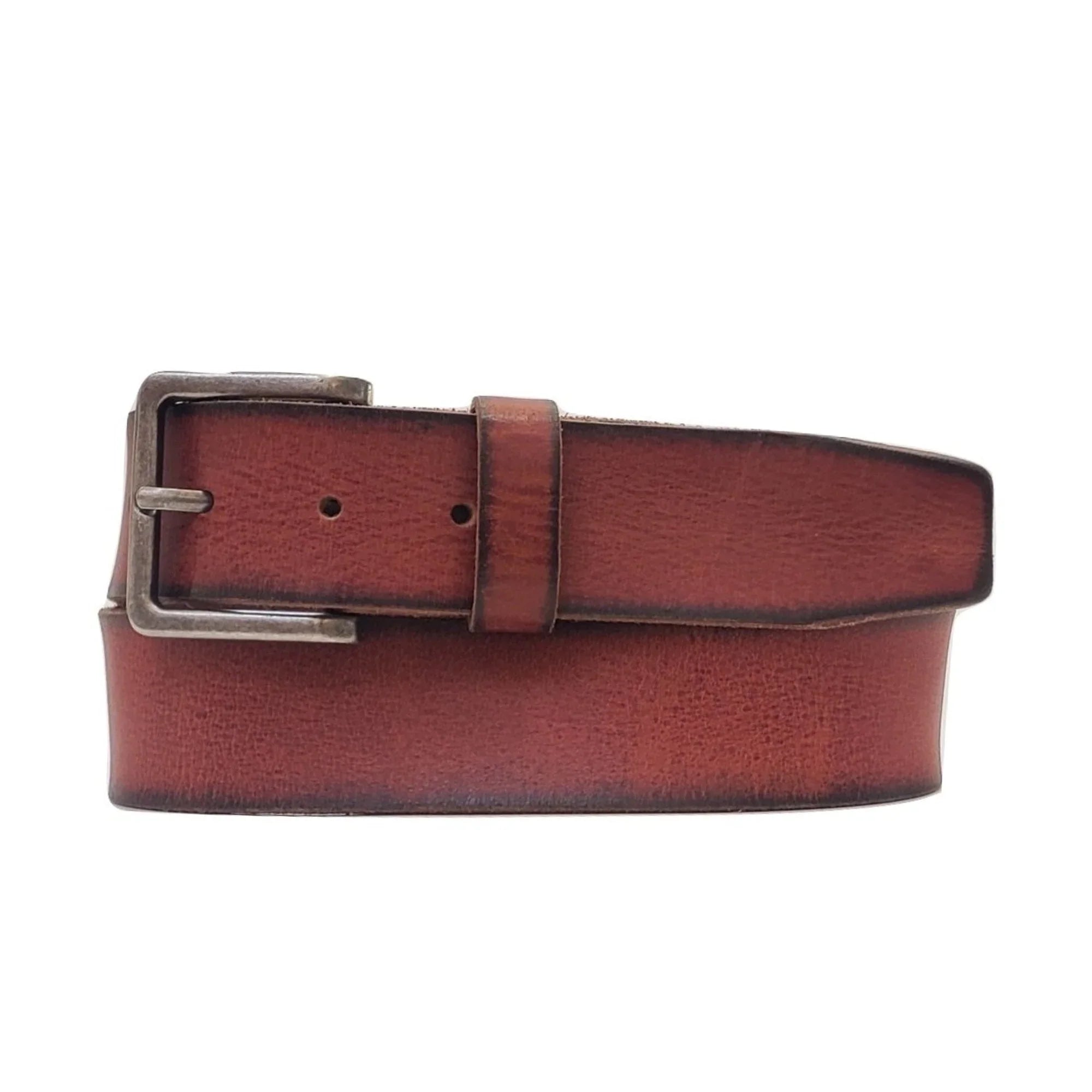Brown leather belt with antique silver buckle on white background