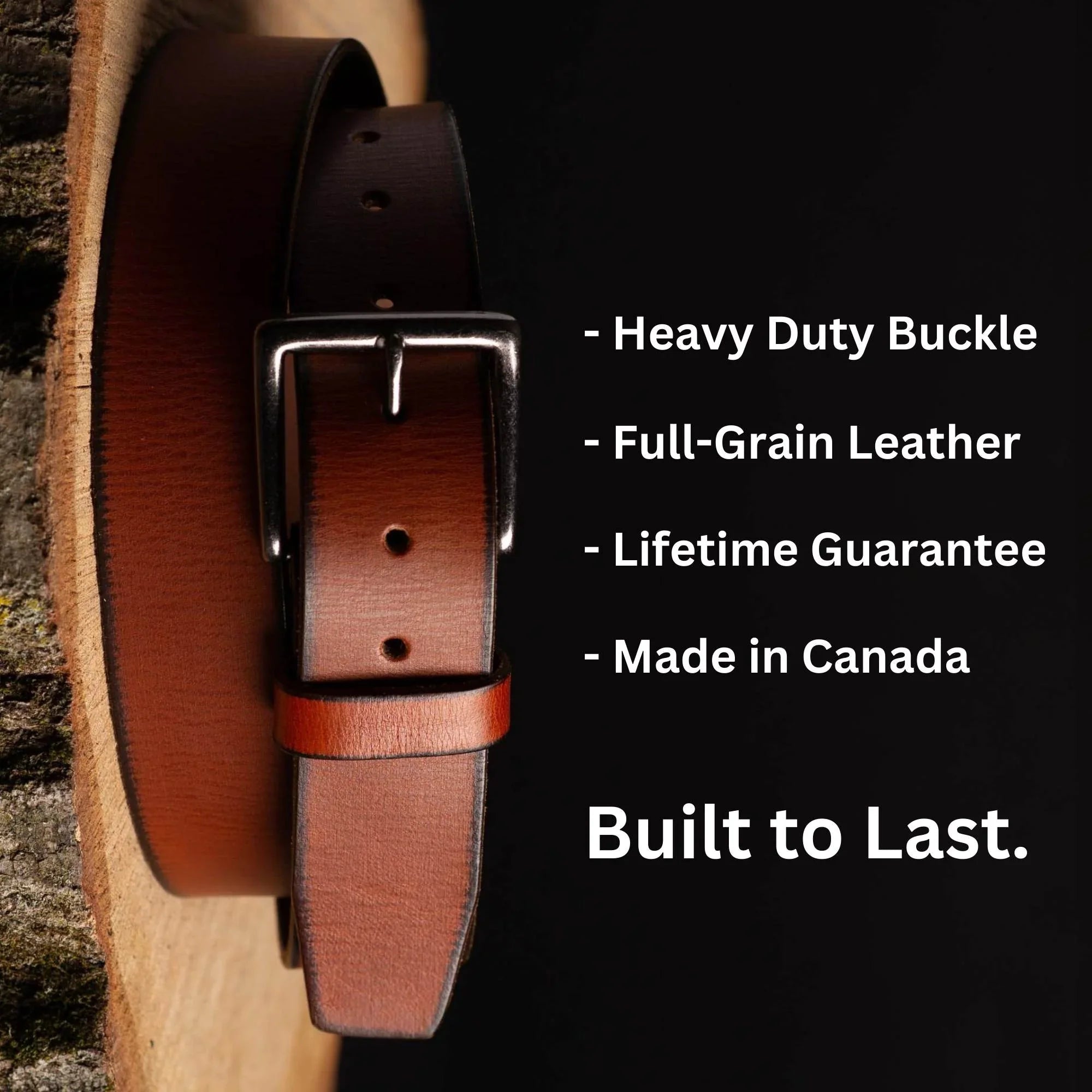 Full-grain leather belt with heavy-duty buckle, displayed on wood, made in Canada.