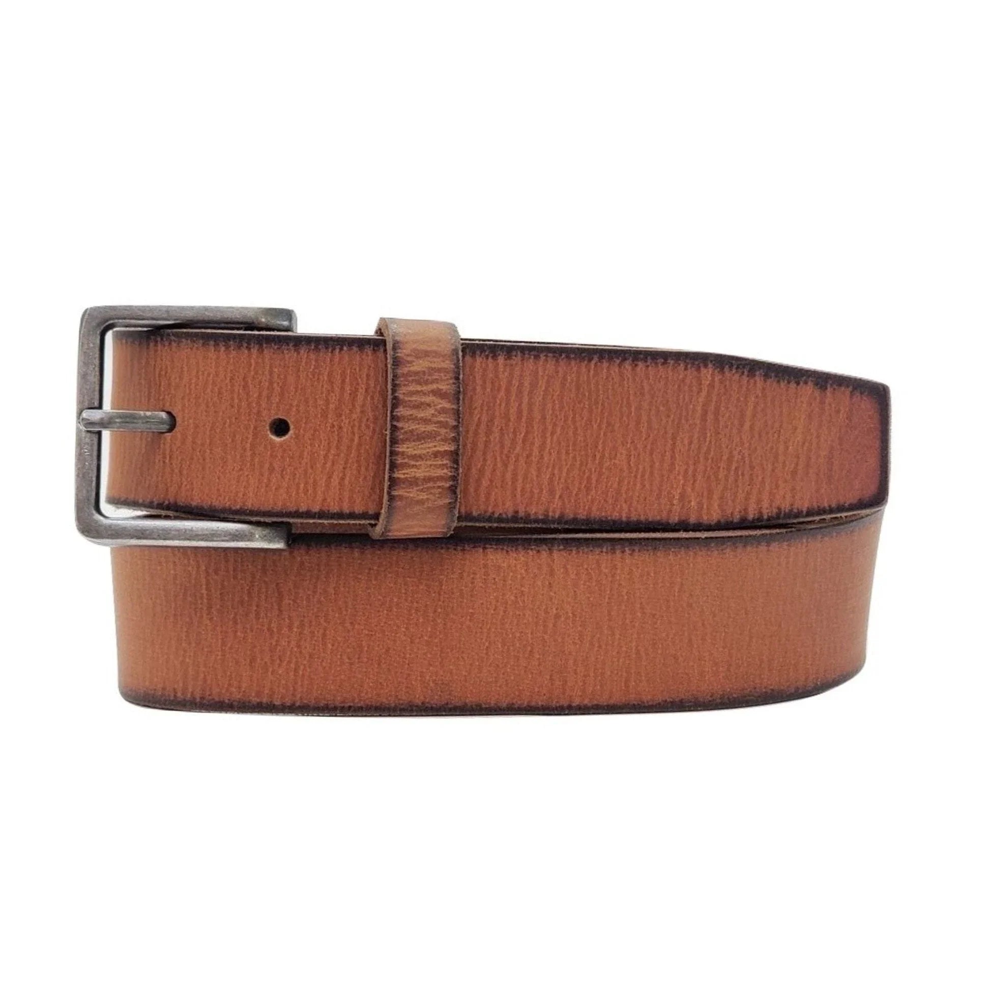 Brown leather belt with silver buckle on white background