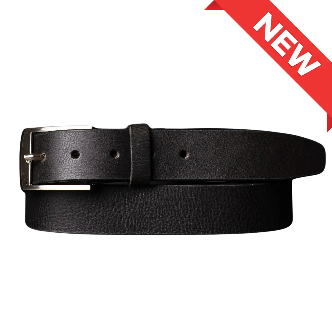New black leather belt with silver buckle on white background