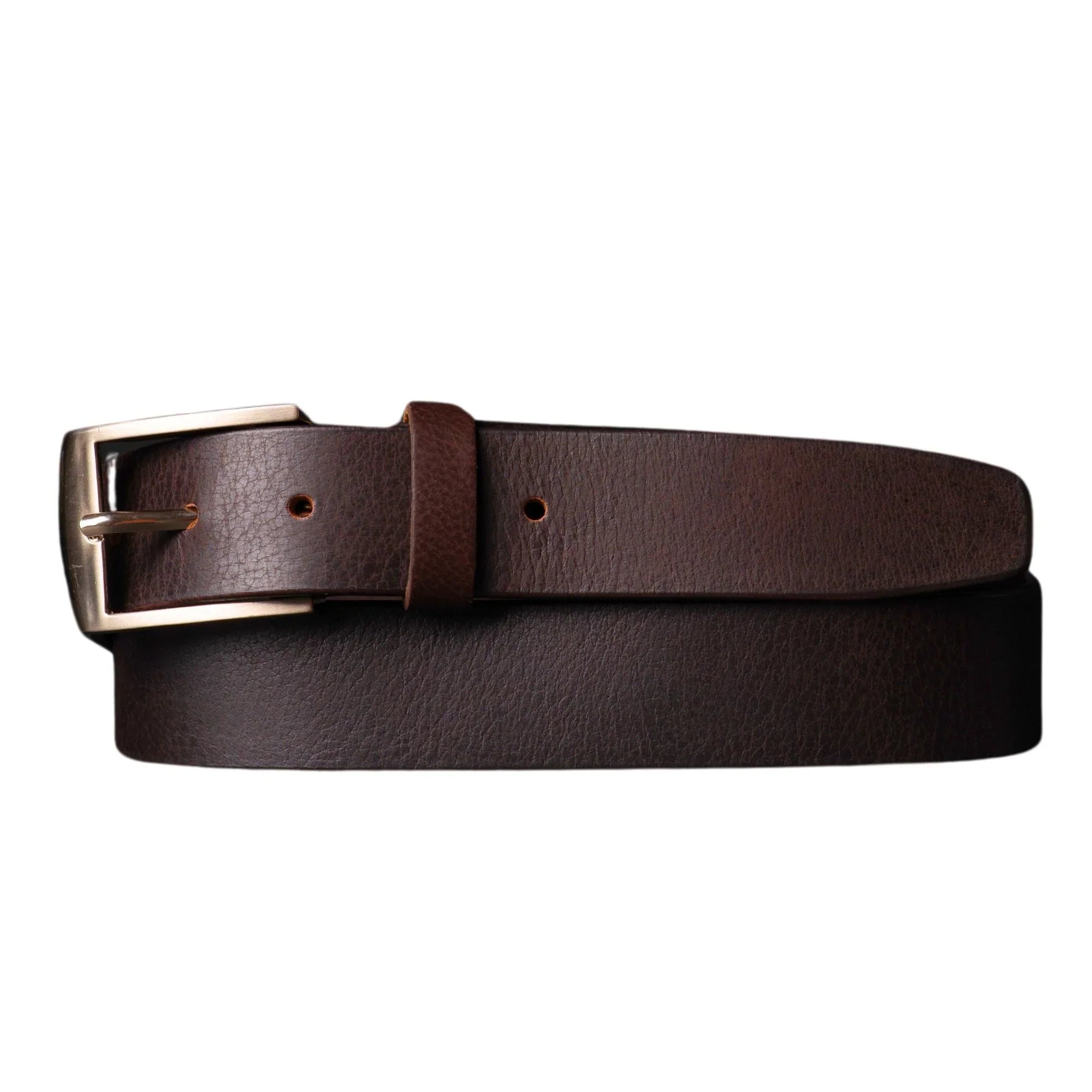 Brown leather belt with silver buckle on white background