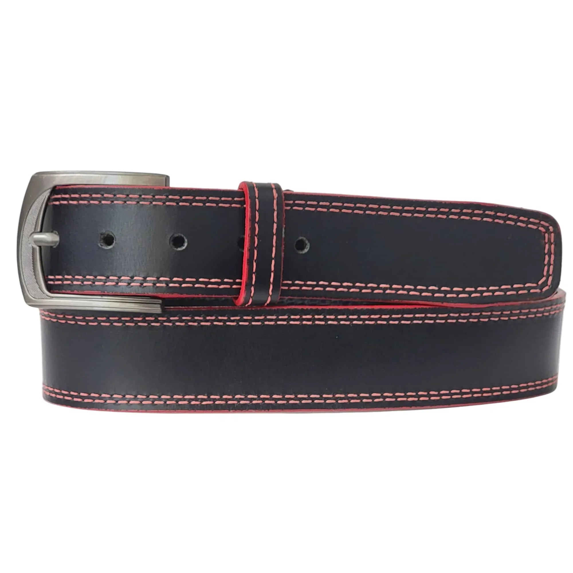 Black leather belt with red contrast stitching and silver buckle