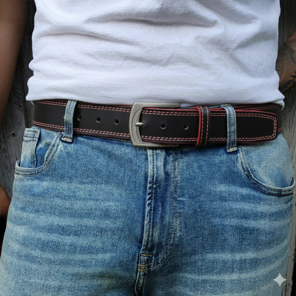 Black leather belt with red stitching on blue jeans and white t-shirt