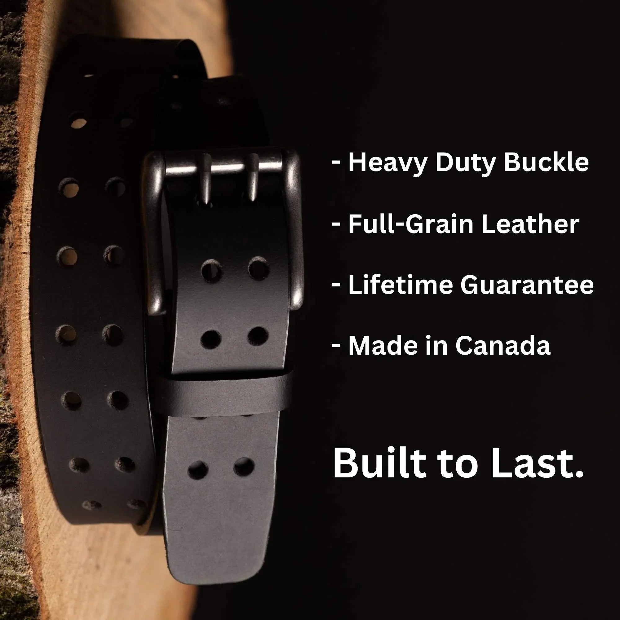 Black full-grain leather belt with heavy duty buckle and double holes, made in Canada.