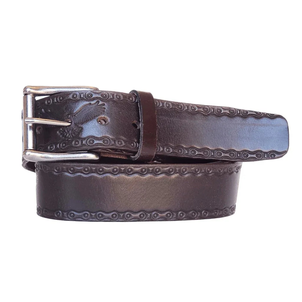Brown leather belt with eagle embossing and silver buckle, decorative stitched edge