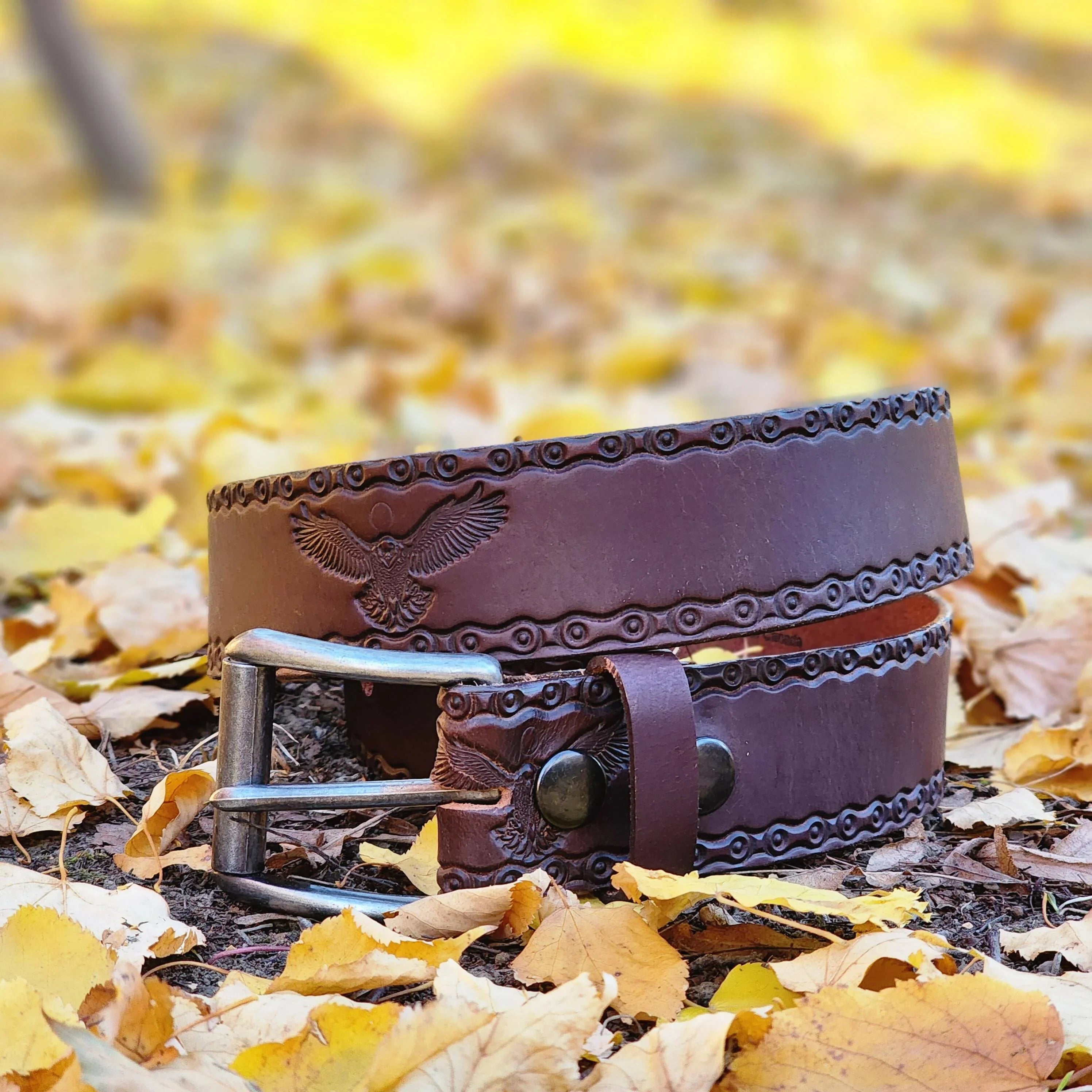 Brown embossed leather belt with eagle design on autumn leaves outdoors