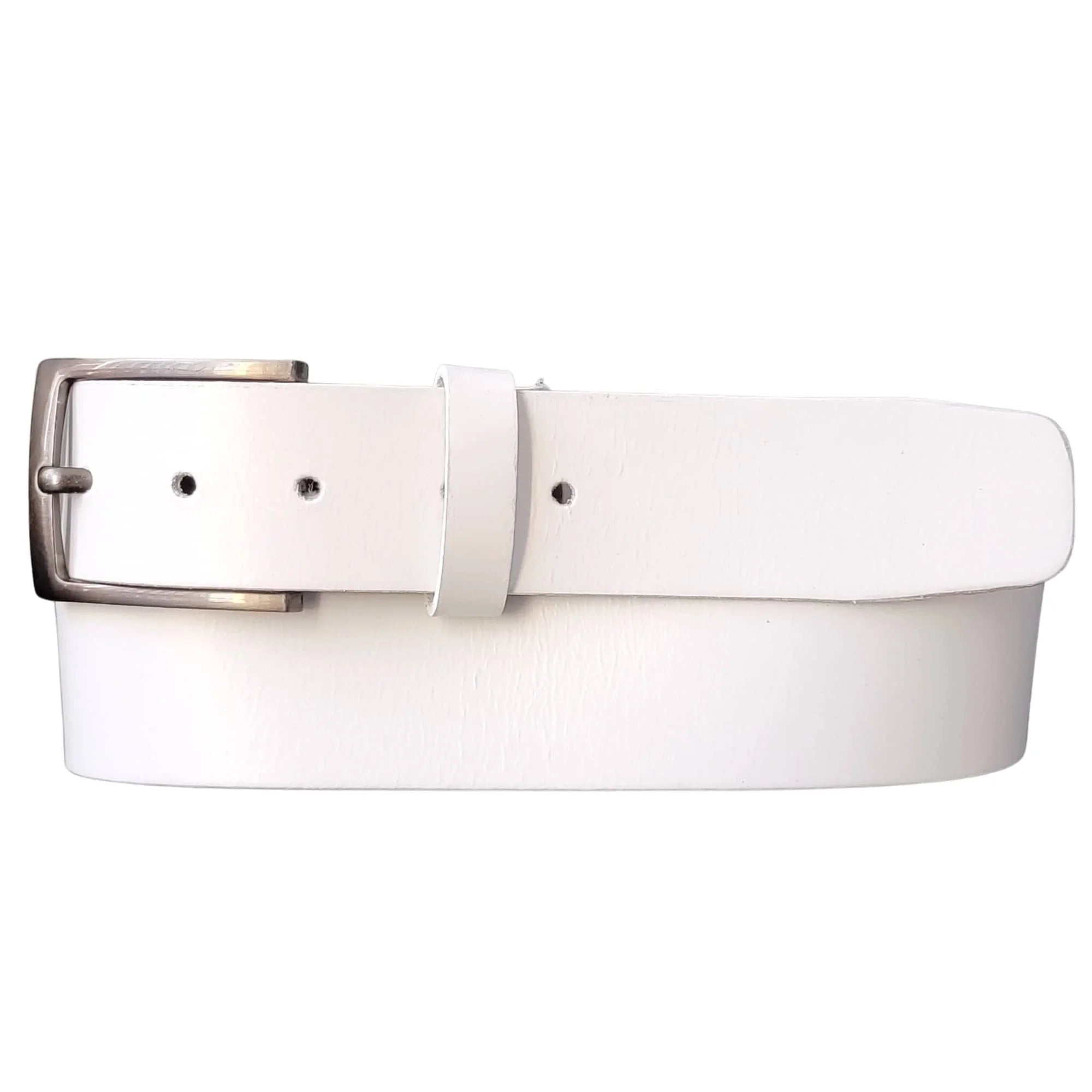 White leather belt with silver rectangular buckle on white background
