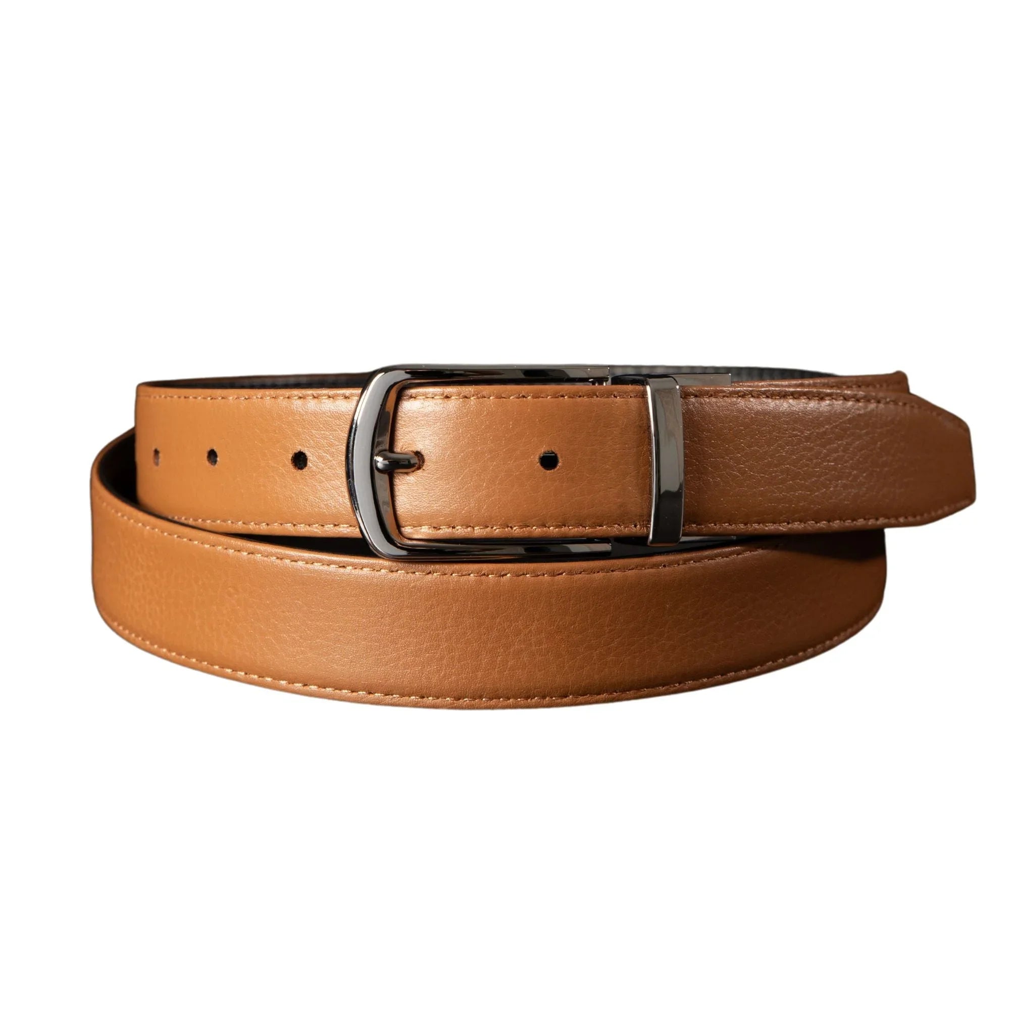 Tan leather belt with silver buckle on white background