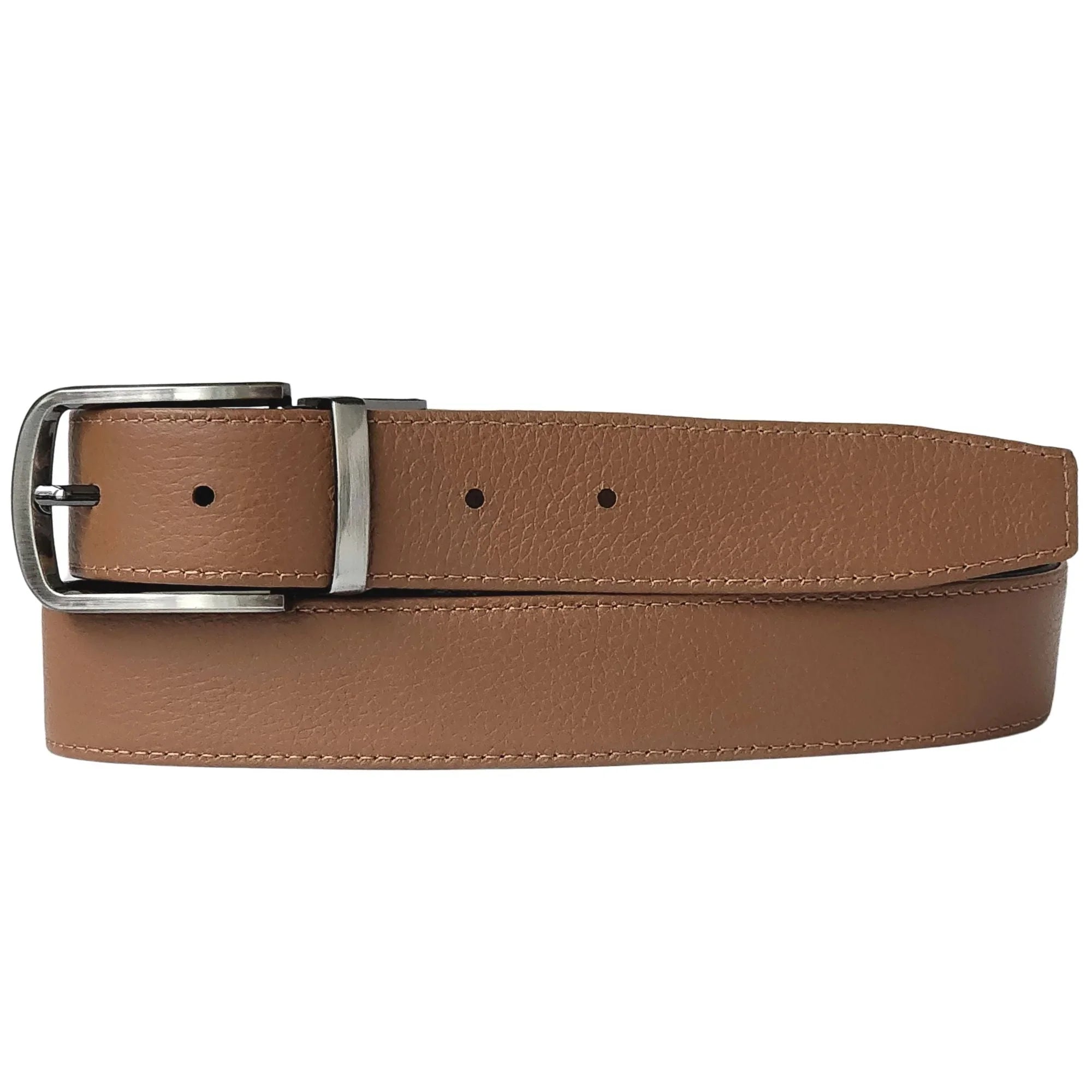 Men's tan leather belt with silver buckle, classic casual accessory on white background