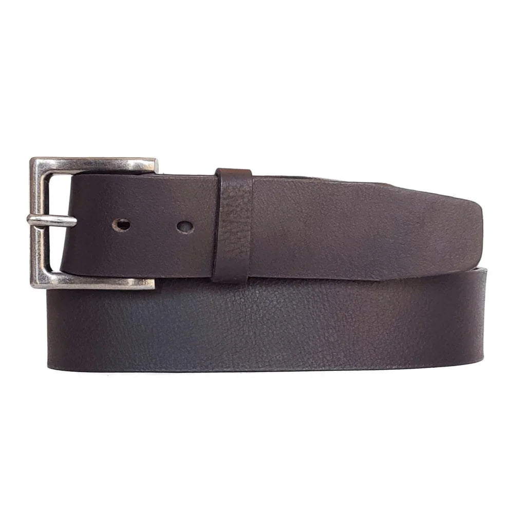 Classic brown leather belt with silver buckle on white background